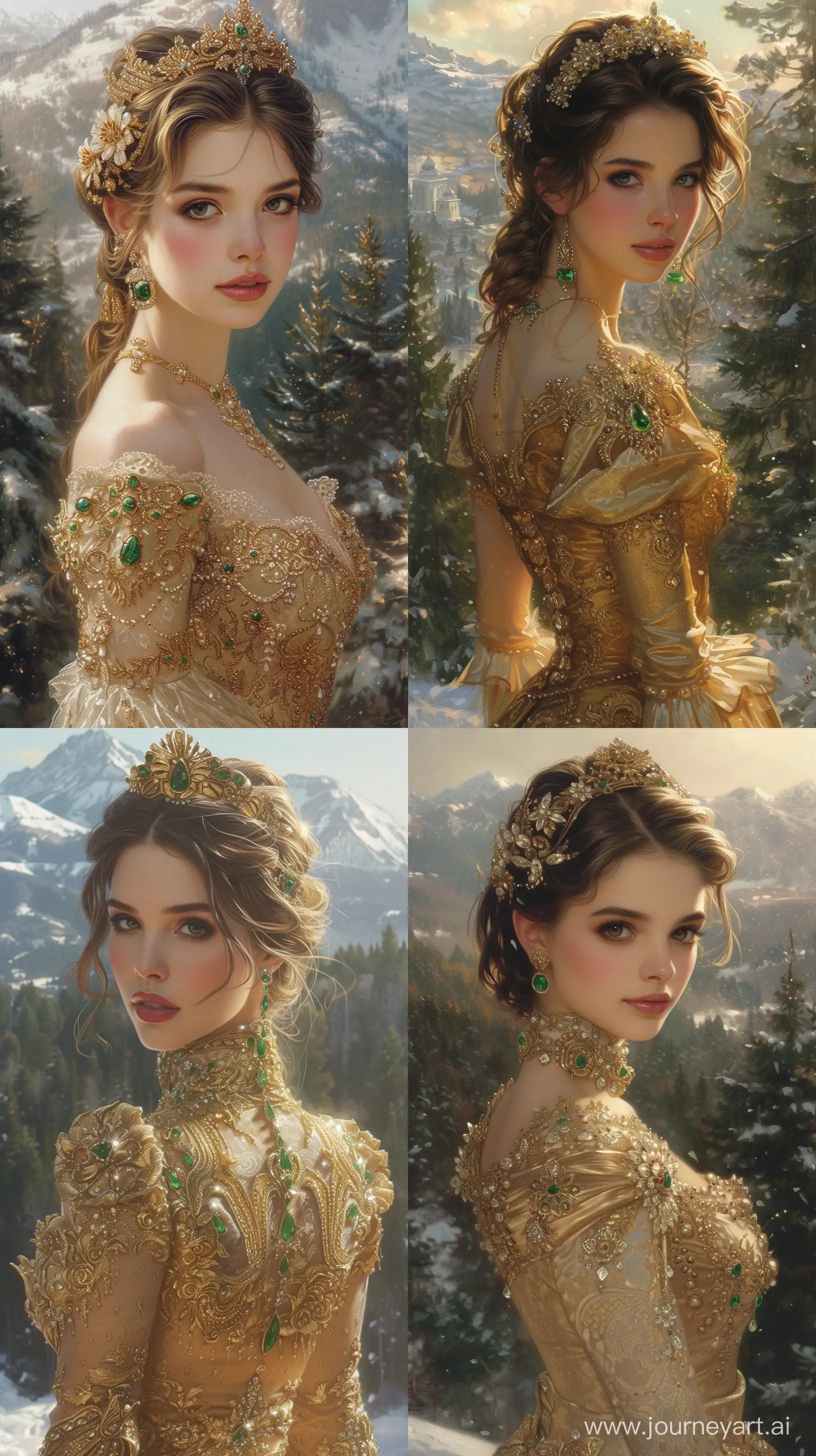 Exquisite-Woman-in-Radiant-Gold-Dress-Gazing-at-Enchanting-Kingdom