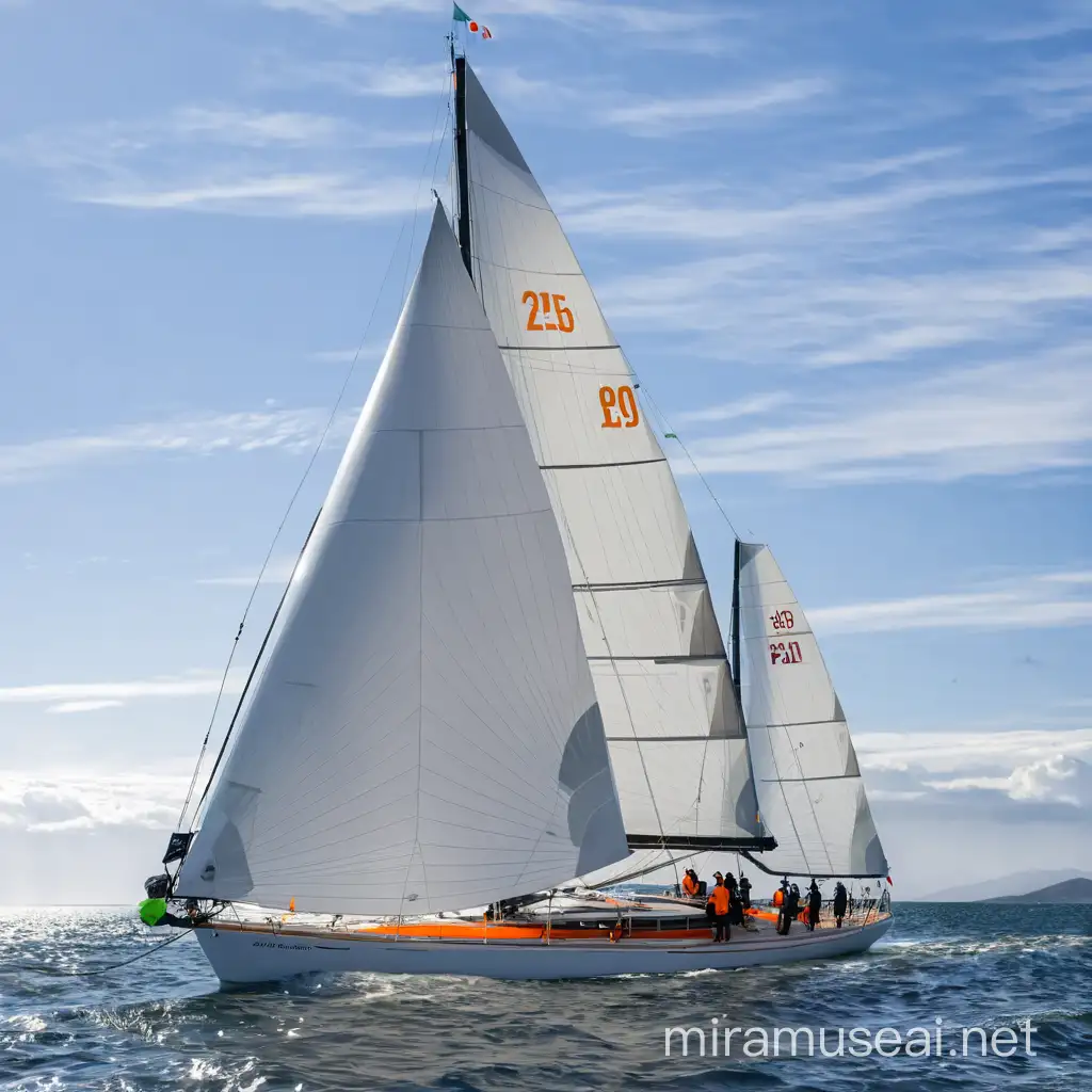 Sailing Boat with Orange Apricot Sails Gliding through Clouds