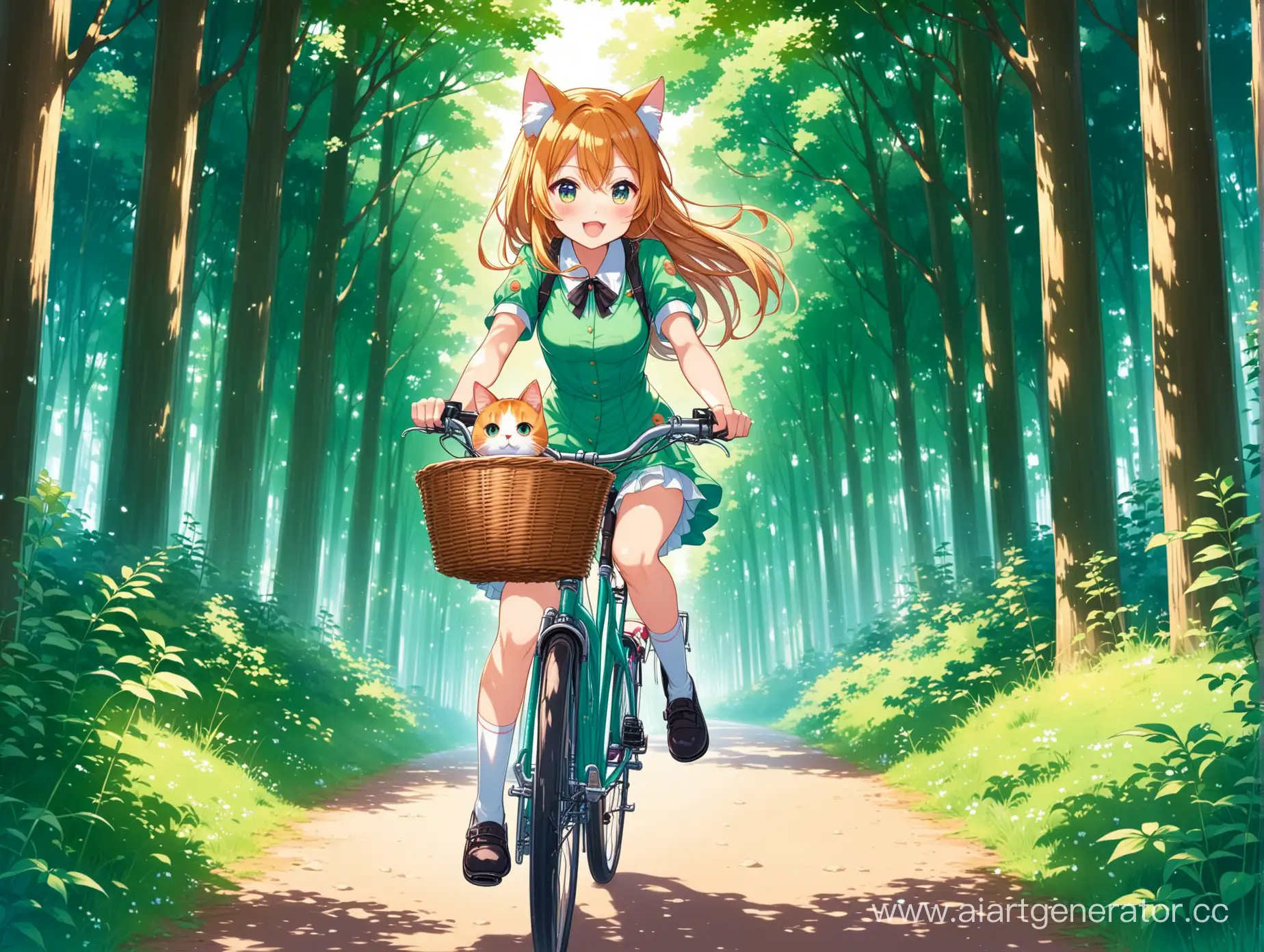 Anime-Cat-Girl-Riding-Bicycle-in-Enchanted-Forest