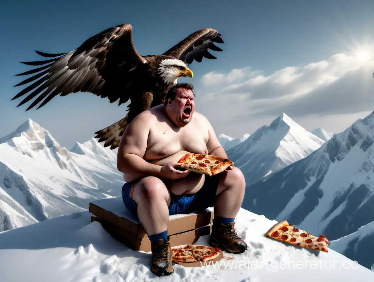 Solitude-and-Sorrow-Overweight-Man-on-Snowy-Summit-Consumes-Pizza-Amidst-Blizzard-with-Majestic-Eagle