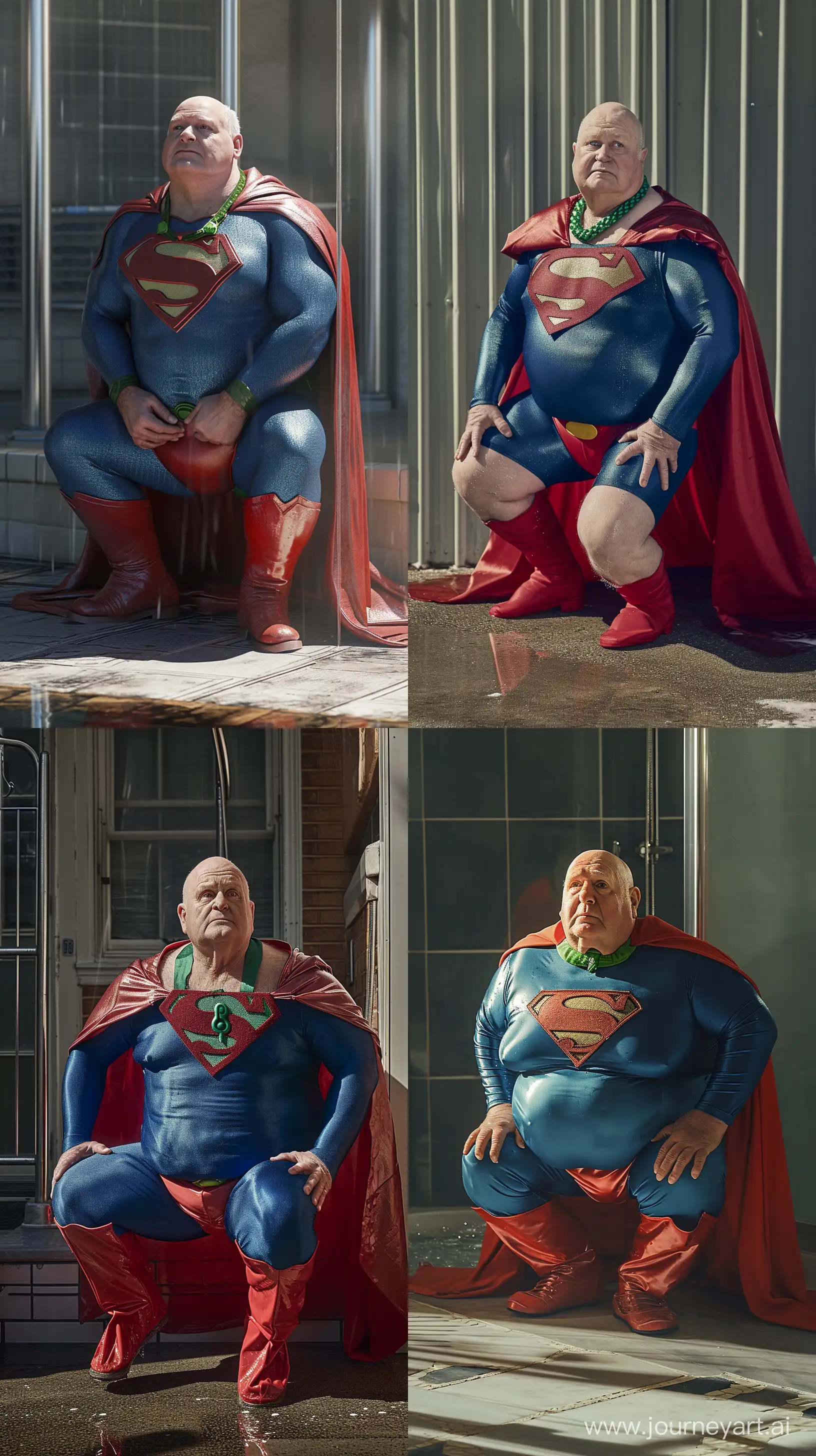Elderly-Superman-Enjoys-Refreshing-Shower-in-Vibrant-Costume