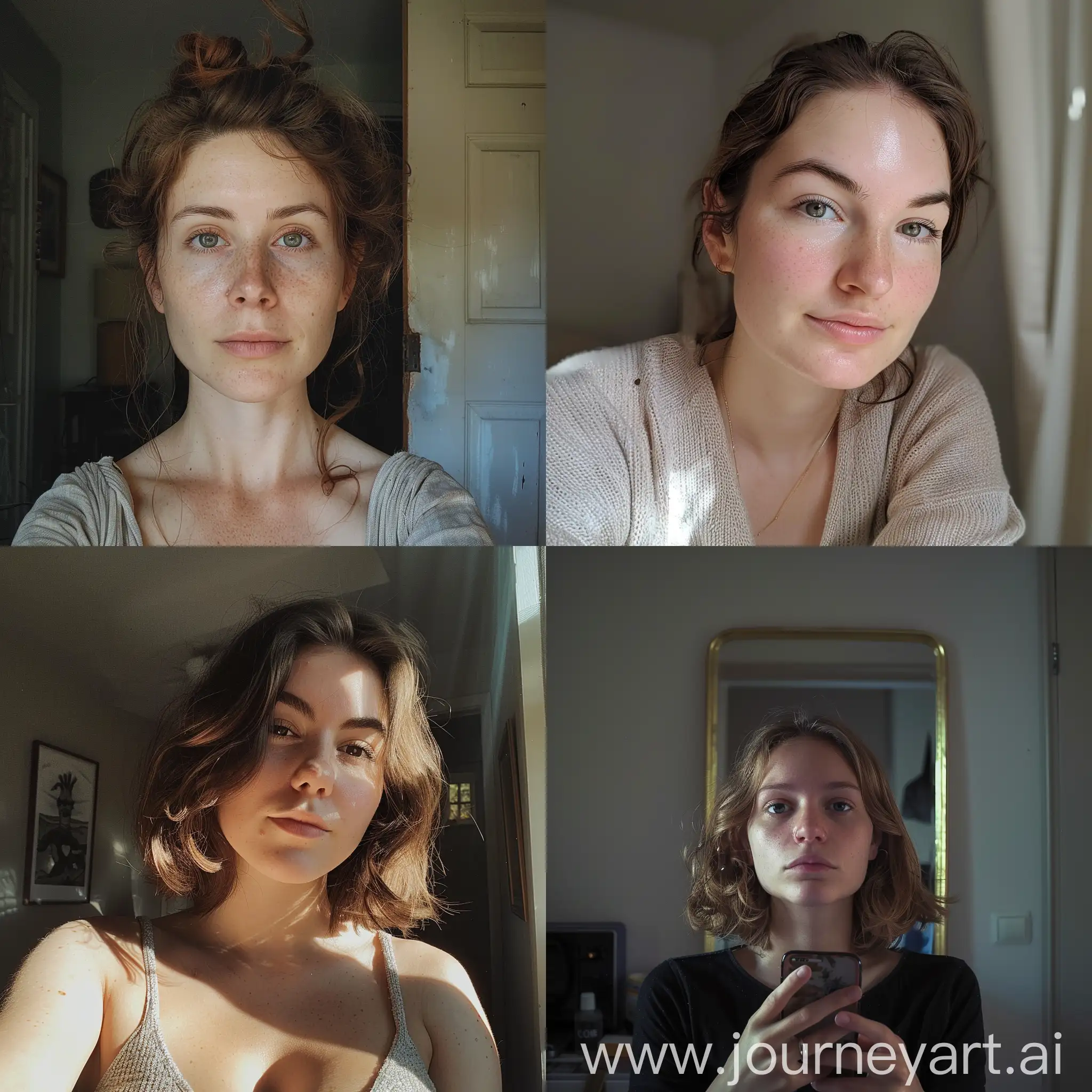 Interior selfie of a woman with [описываем внешность], shot on a low camera quality phone
