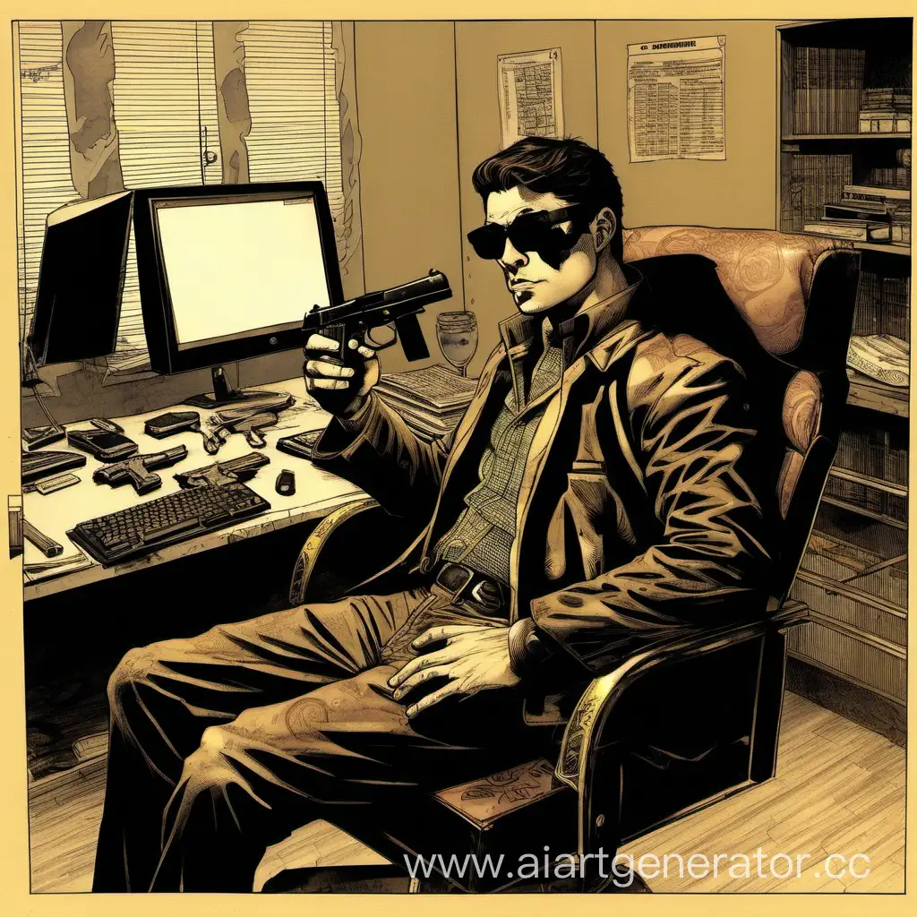 Молодой человек сидит на кресле перед компьютером, держит в руке пистолет, беретта, с сигарой в зубах и затемнённых очках