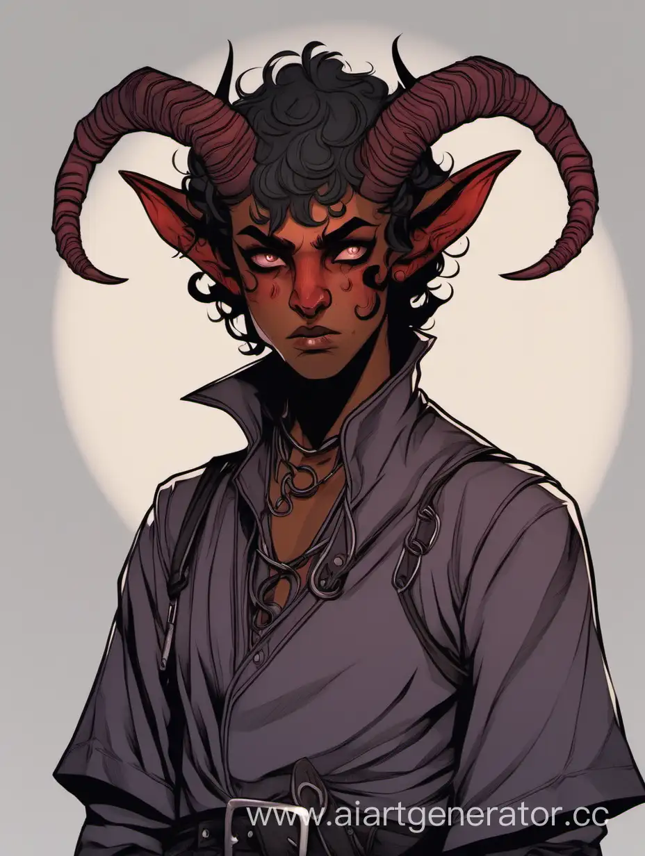 A sad young tiefling thief with twisted horns, gray eyes