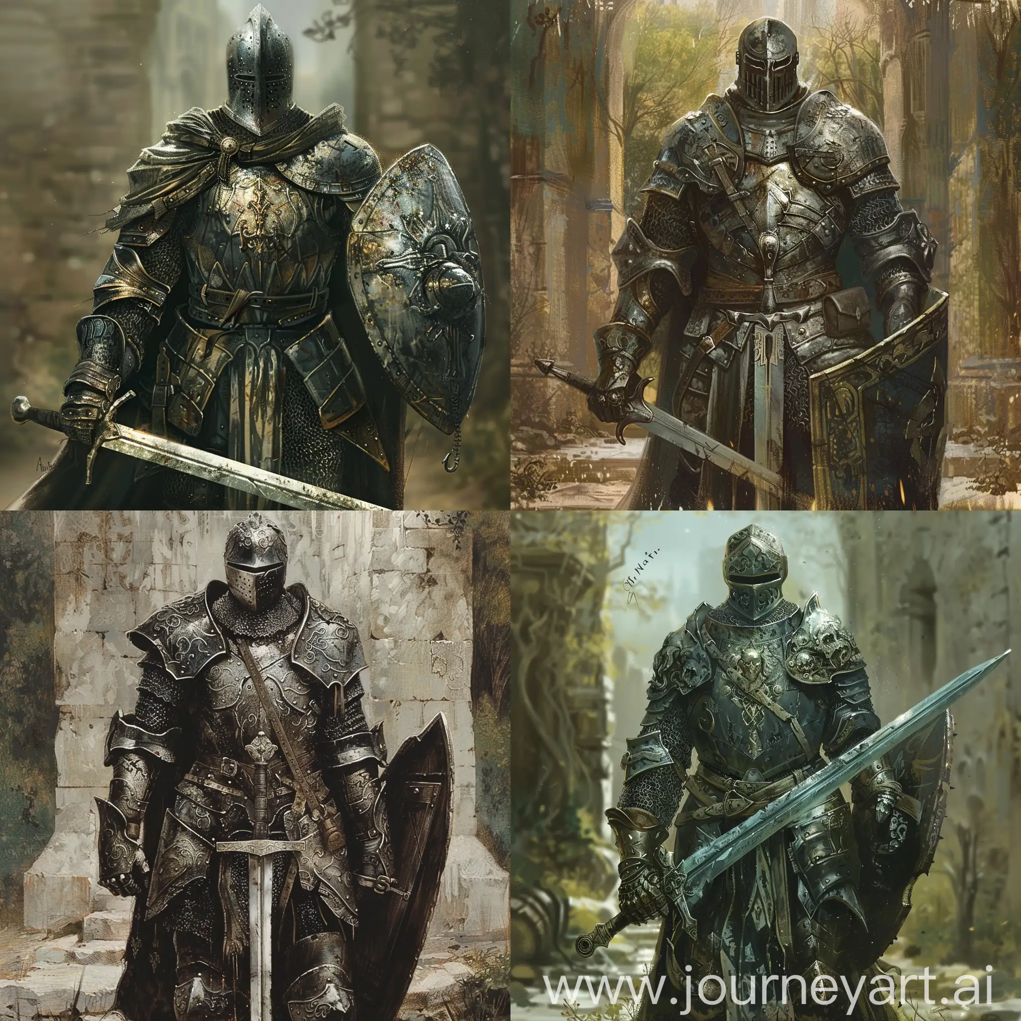 reate an image of a knight in armor without a helmet. The knight should be standing proudly, holding a sword in one hand and a shield in the other. The armor should be detailed, with intricate designs and textures. The knight's expression should convey determination and strength, with a hint of nobility. The background can be a medieval setting, such as a castle courtyard or a forest clearing, adding to the atmosphere of chivalry and adventure.