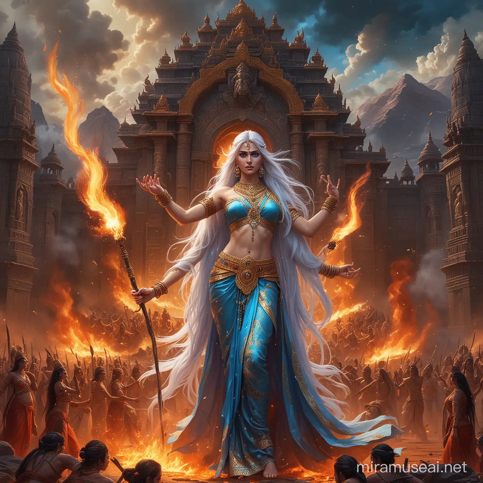 Powerful Hindu Empress Goddess Surrounded by Fire and Demonic Goddesses