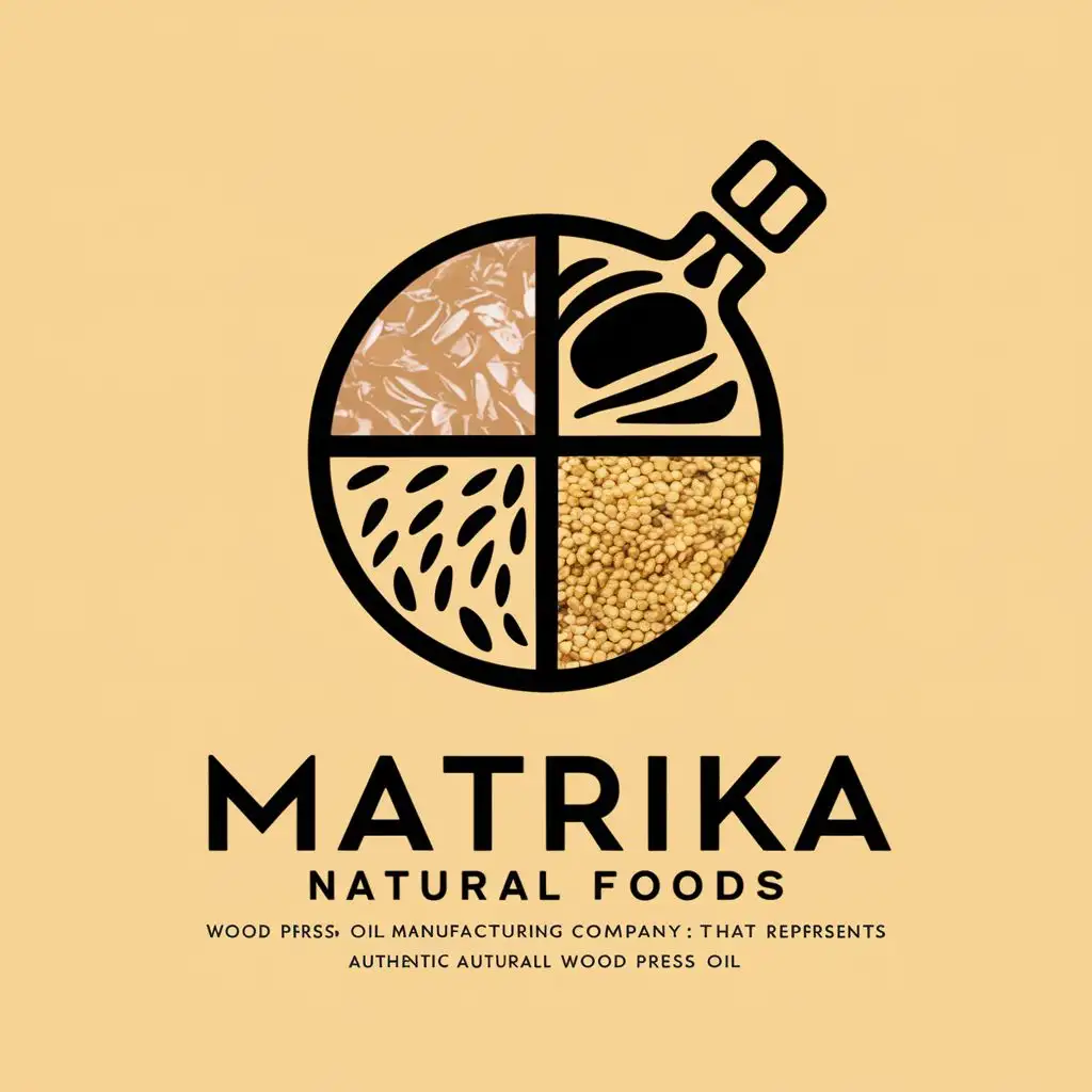 logo, represents oil and also like grains and its flour and pulses, with the text "wood press oil manufacturing company named MATRIKA natural foods that represents authentic wood press oil", typography