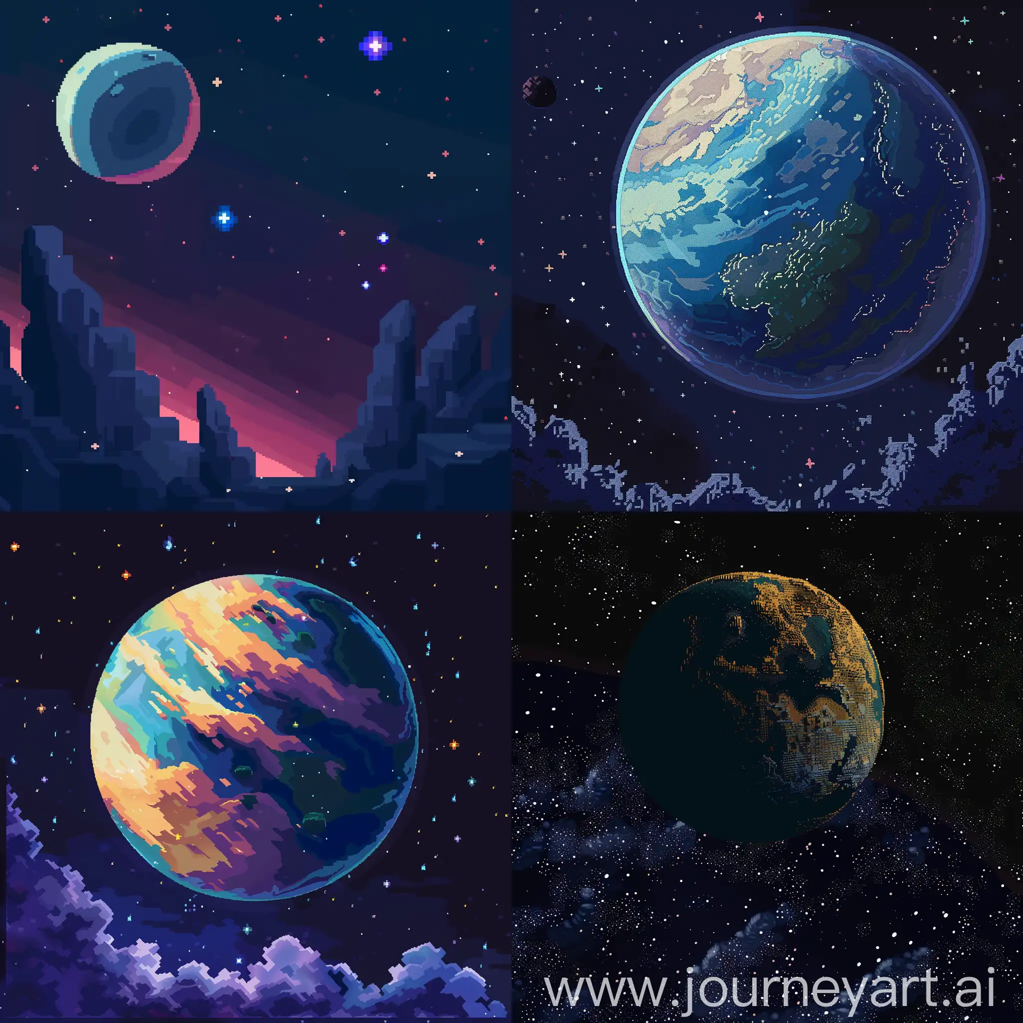 создай изображение с планетой и космосом, звездами в стиле майкрафт