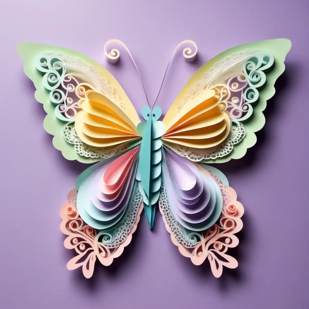 a cute butterfly made out of layered paper, pastel colors, lace cut edges --ar 2:3