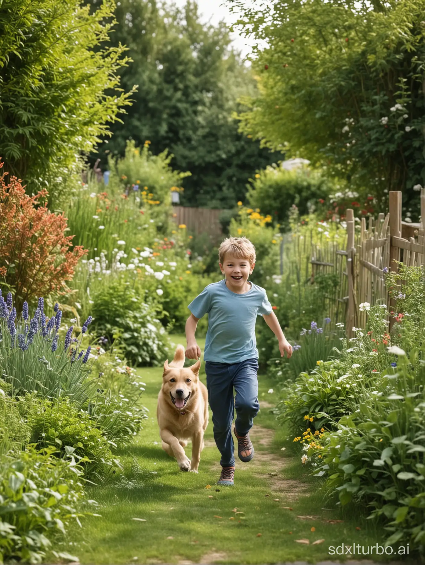 The boy is running in the garden with the dog