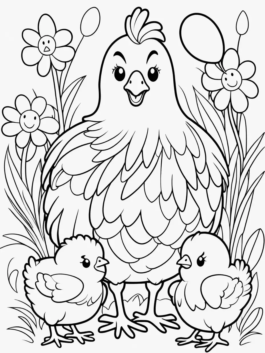 Cheerful Mama Chicken and Baby Chicks in Easter Atmosphere Coloring Book Illustration