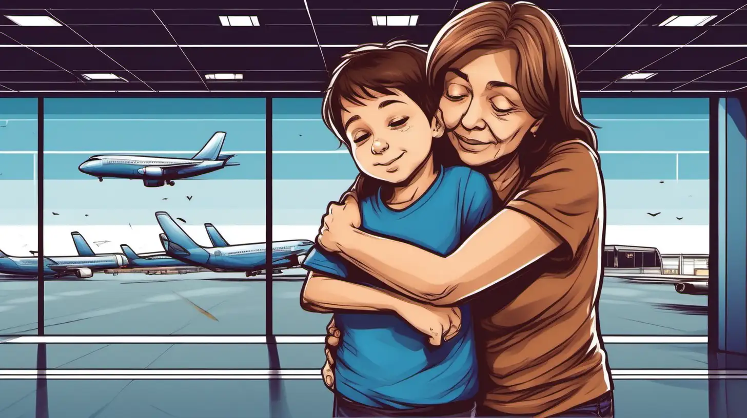 illustrate a 55 years old women hugging 10 years old brown hair blue t shirt boy in the airport, night