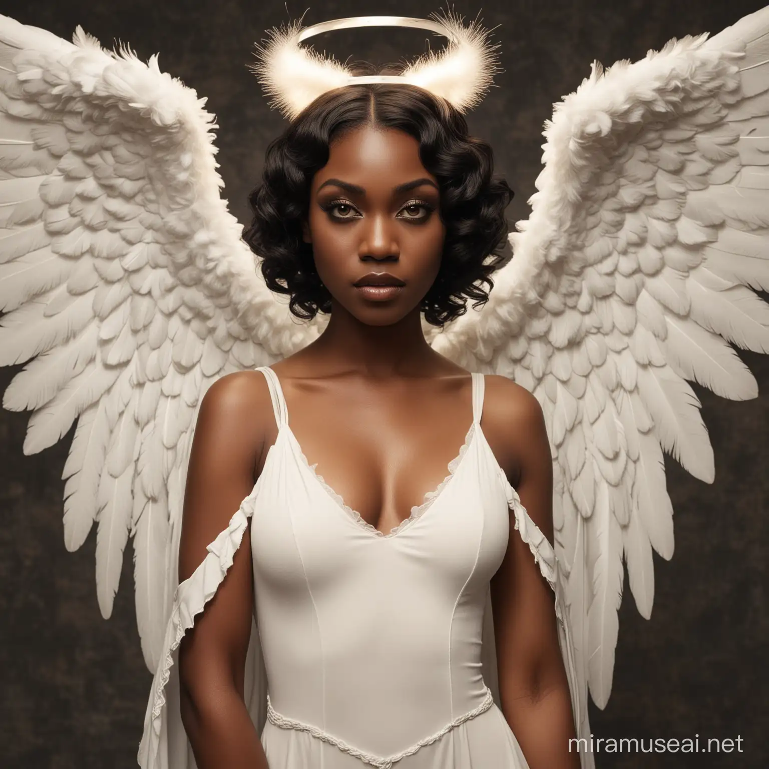 a beautiful black woman dressed as an angel, a beautiful white woman dressed as a demon, 1920s aesthetic