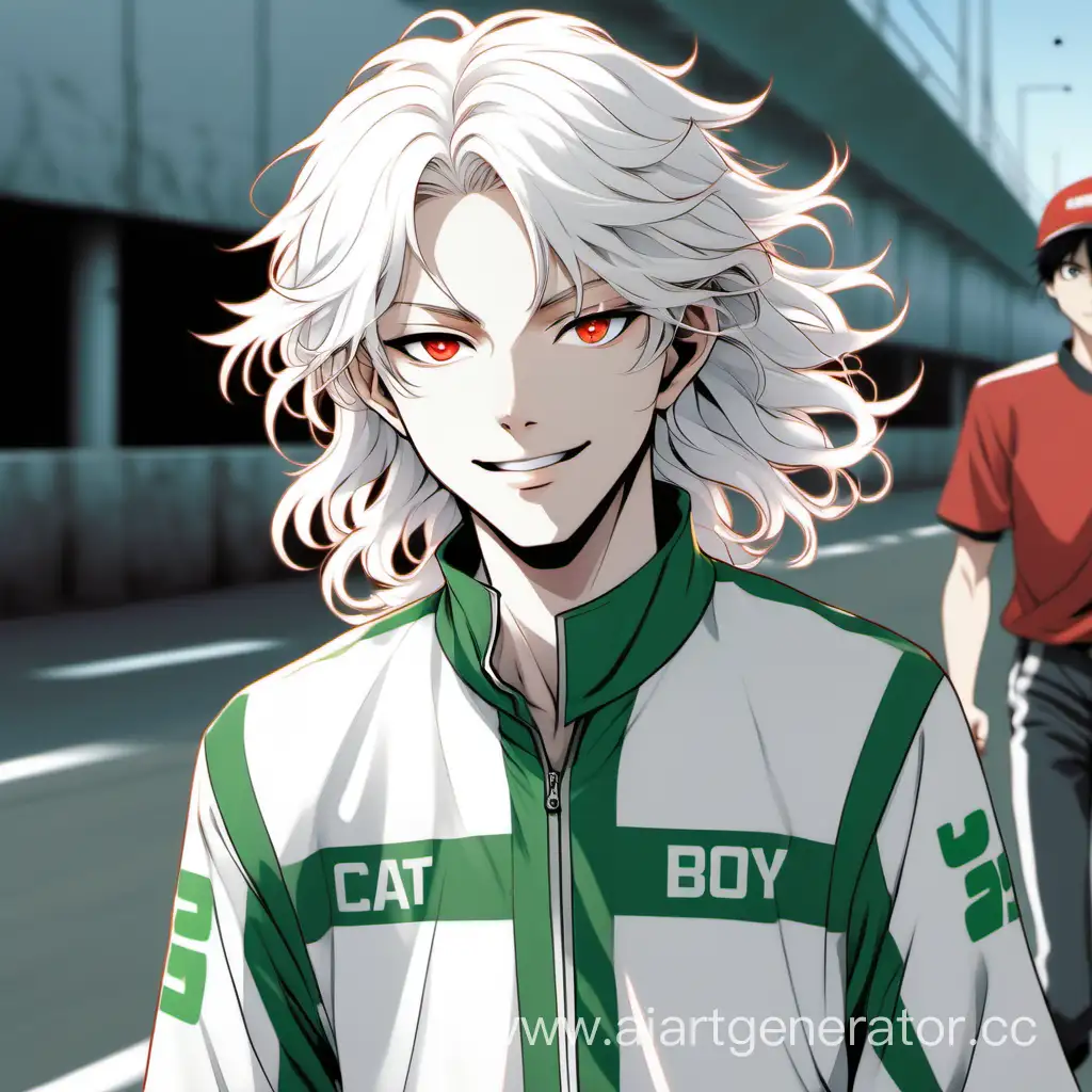 an albino white wavy long hair, white skin, green-eyed, cat-like, red-lipped, thin, stylish, slightly red-cheeked, sweet, twenty years old anime boy is walking. he is wearing a rally racing jersey. he is very beautiful. he is smiling a little.