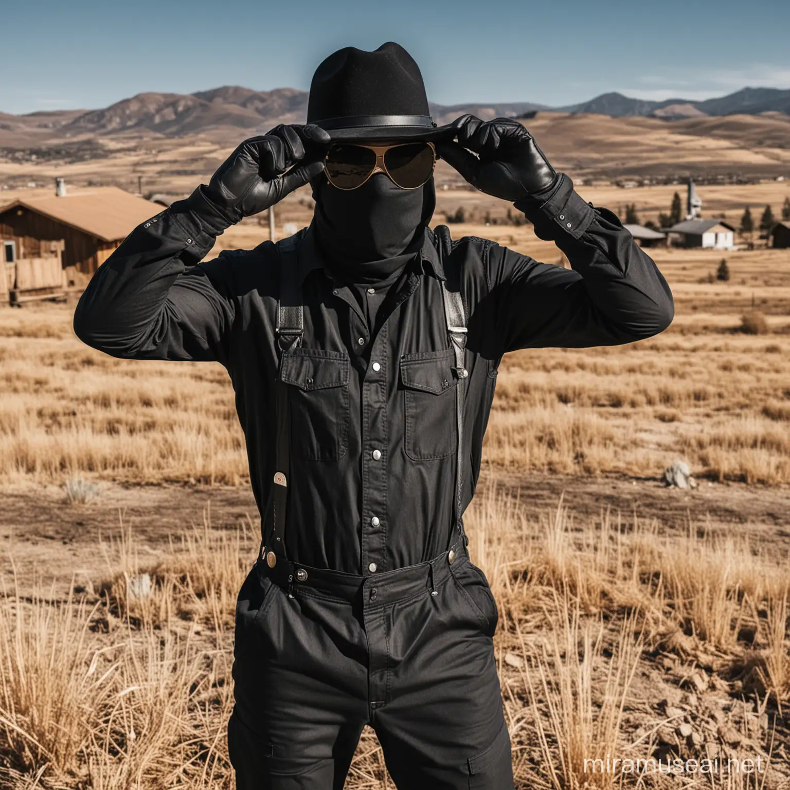 a guy in a cowboy overalls, with a ski mask covering his full face, using a sun glass above the ski mask, using a cowboy hat, in a rural area, making signals with hands, using black gloves, all black clothes