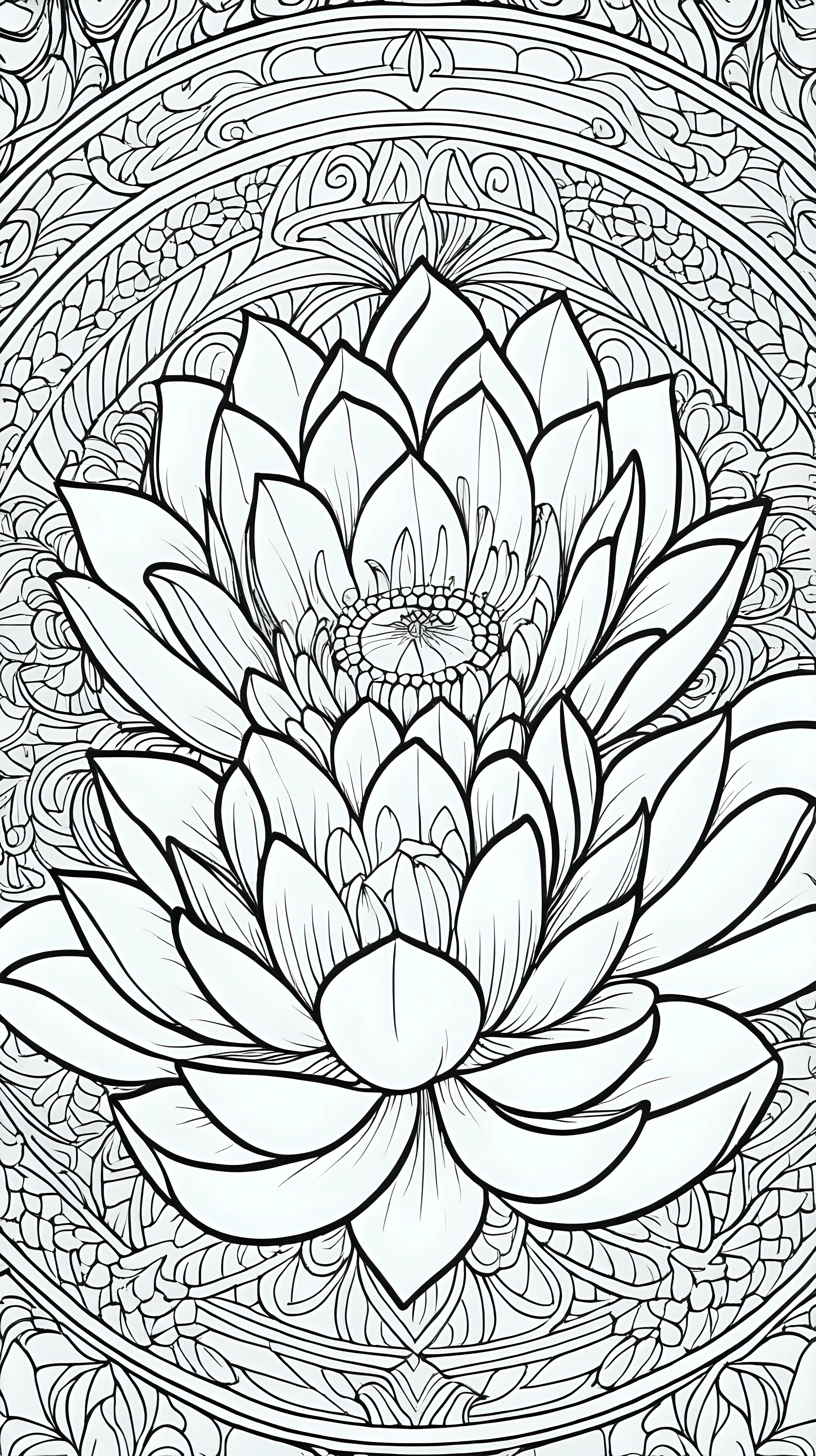 coloring book image, thin black lines, patterned floral mandala pattern, lotus
