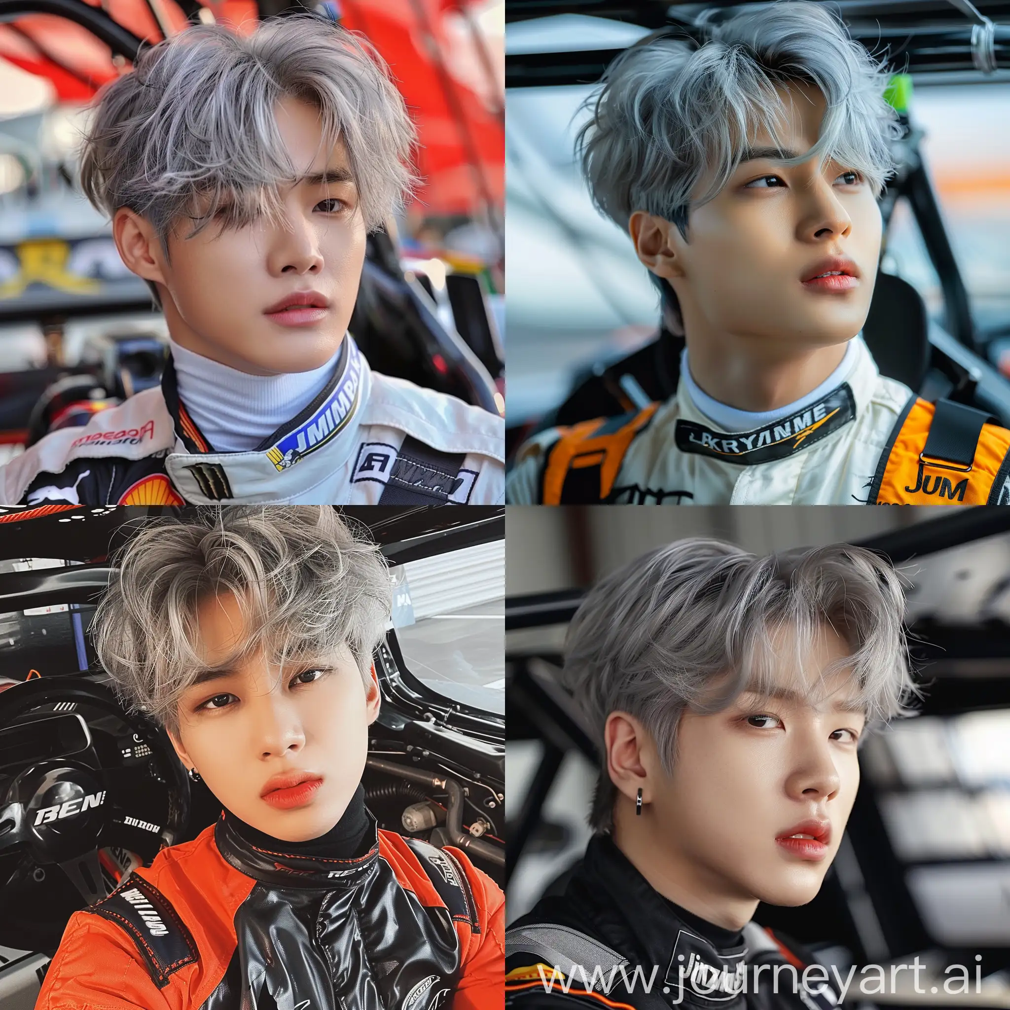 Park Jimin, gray silver hair as a car racer
