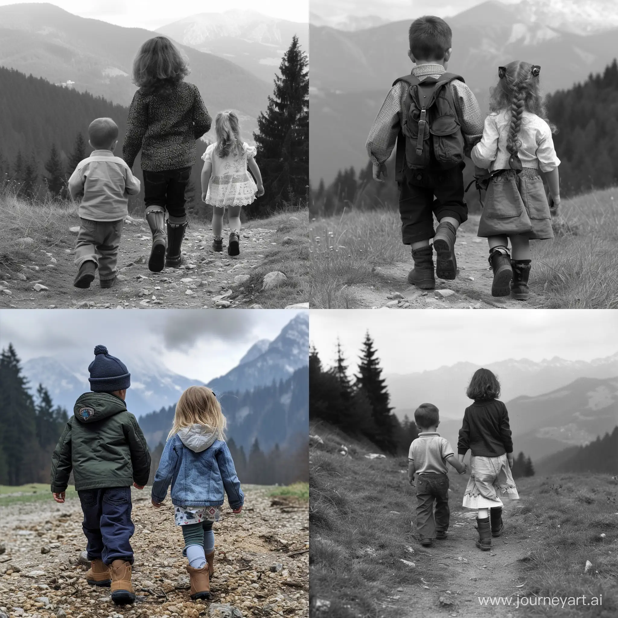 a 4 year old boy and a seven year old girl. walking as slowly as possible. in the mountains of poland