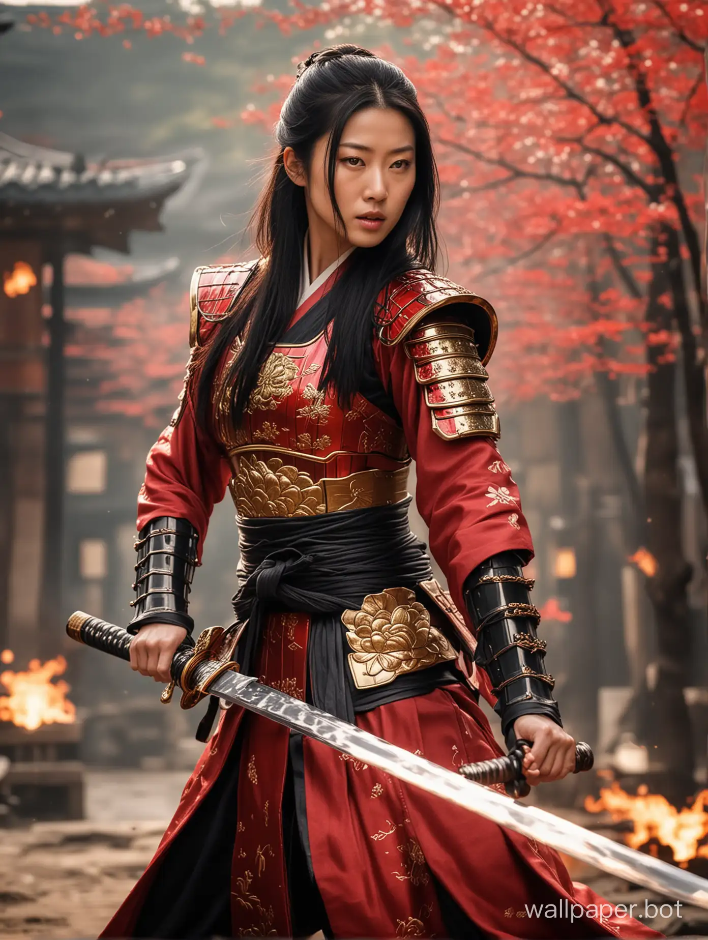 female samurai, Jun Ji-hyun , long black hair, waivy hair, red shiny samurai armour with gold lotus motive. flame katana in her hands, combat stance. kyoto city burndown, cinema scene. porcealine skin, epic battle effect, soft hdr, soft bloom,