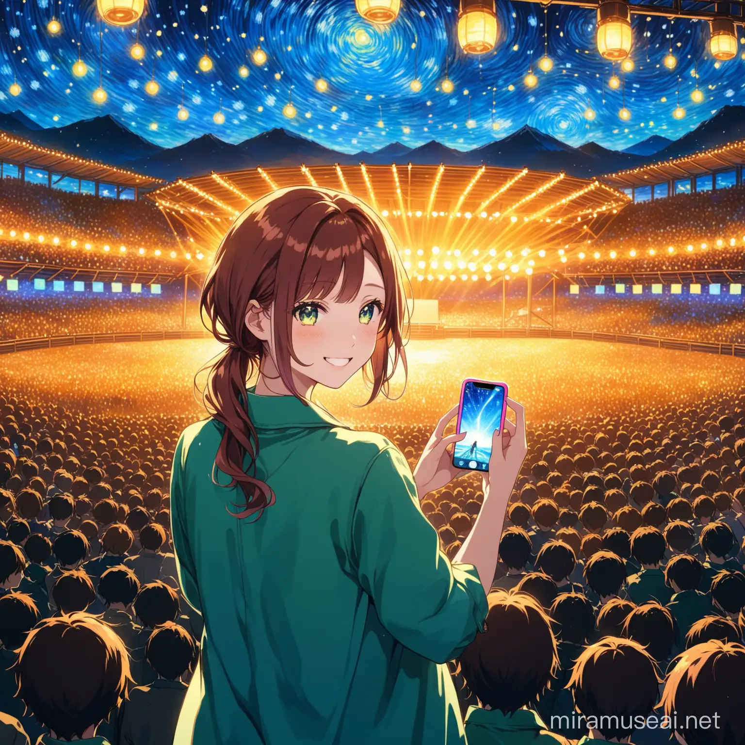 Visualize one energetic anime girl music fan, capturing concert with an iphone, holding a pink lightstick, wearing kawaii outfits, the expression is smile, she is an INFP so make sure able to express her calm attitude. She is looking at the Japanese band. The background is Japanese concert, make sure there are excited happy crowds, painting, Landscape. Best quality. Van Gogh style
