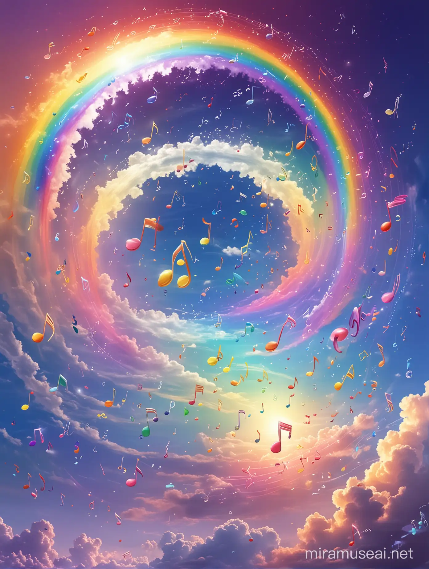 Vibrant Rainbow Sky with Dancing Music Notes