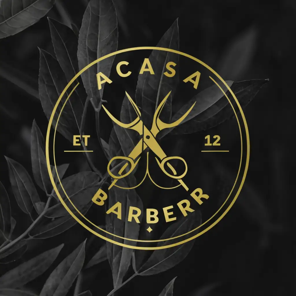 a logo design,with the text "Acasia Barber", main symbol:scissors and Acasia leaf and make simpler gold icons and text and black bg,complex,clear background