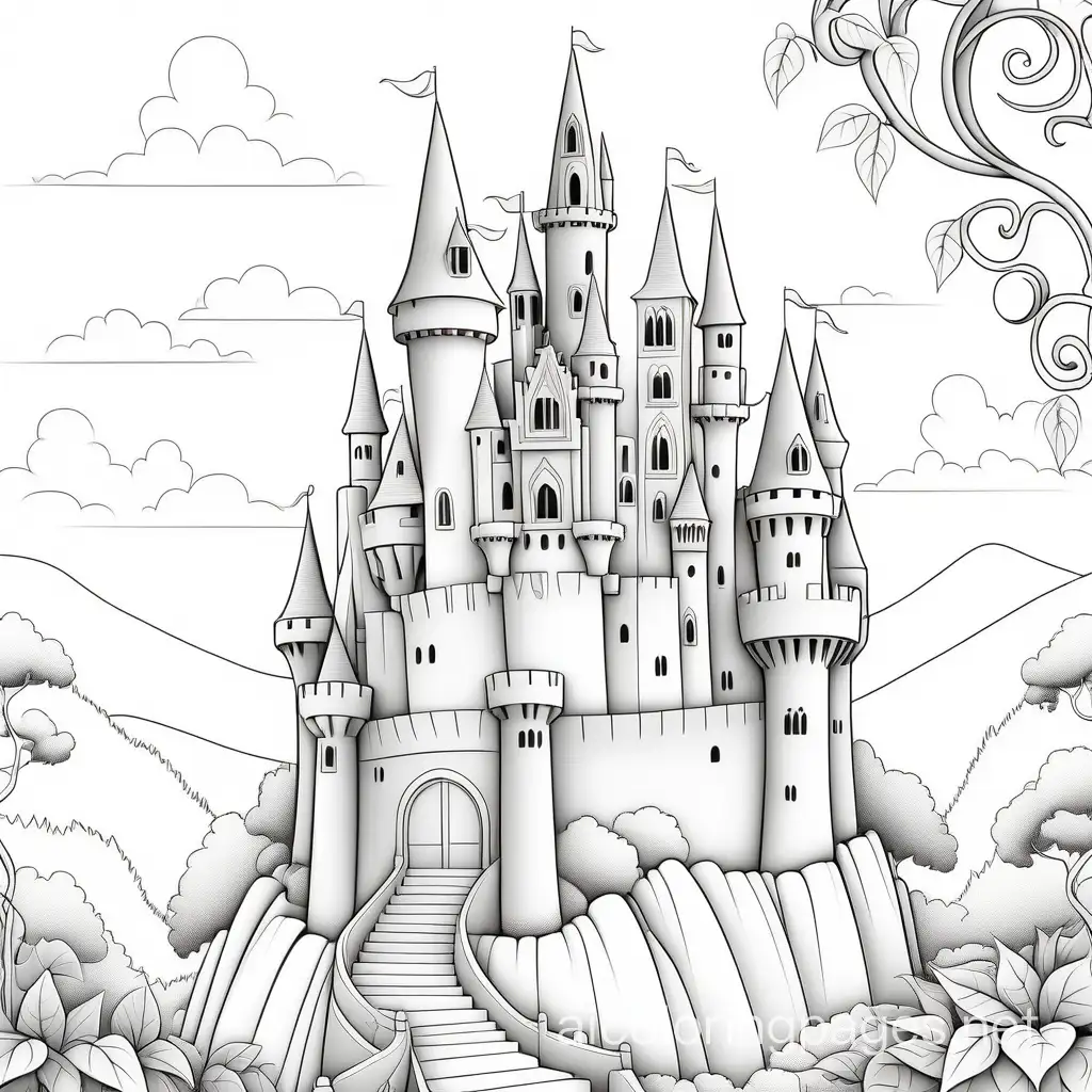 A magnificent castle stands proudly on a hill, adorned with turrets, spires, and intricate details reminiscent of classic fairy tales. Vines cascade down its walls, adding a touch of enchantment to this regal structure. The background of the coloring page is plain white to make it easy for young and adult to color within the lines. The outlines of all the subjects are easy to distinguish, making it simple for kids to color without too much difficulty, Coloring Page, black and white, line art, white background, Simplicity, Ample White Space. The background of the coloring page is plain white to make it easy for young children to color within the lines. The outlines of all the subjects are easy to distinguish, making it simple for kids to color without too much difficulty, Coloring Page, black and white, line art, white background, Simplicity, Ample White Space. The background of the coloring page is plain white to make it easy for young children to color within the lines. The outlines of all the subjects are easy to distinguish, making it simple for kids to color without too much difficulty