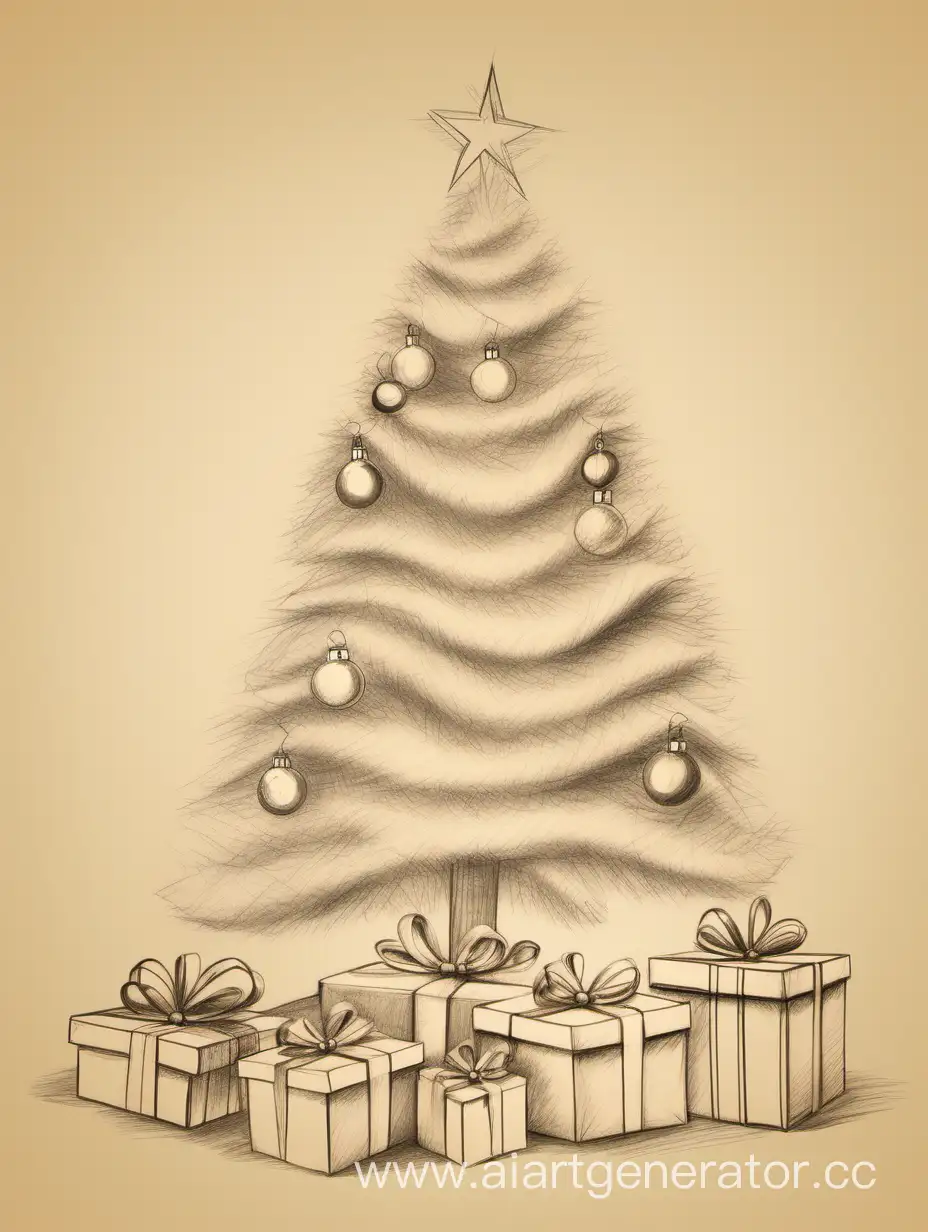 Нарисуй карандашем семью у елки с подарками на бежевом фоне