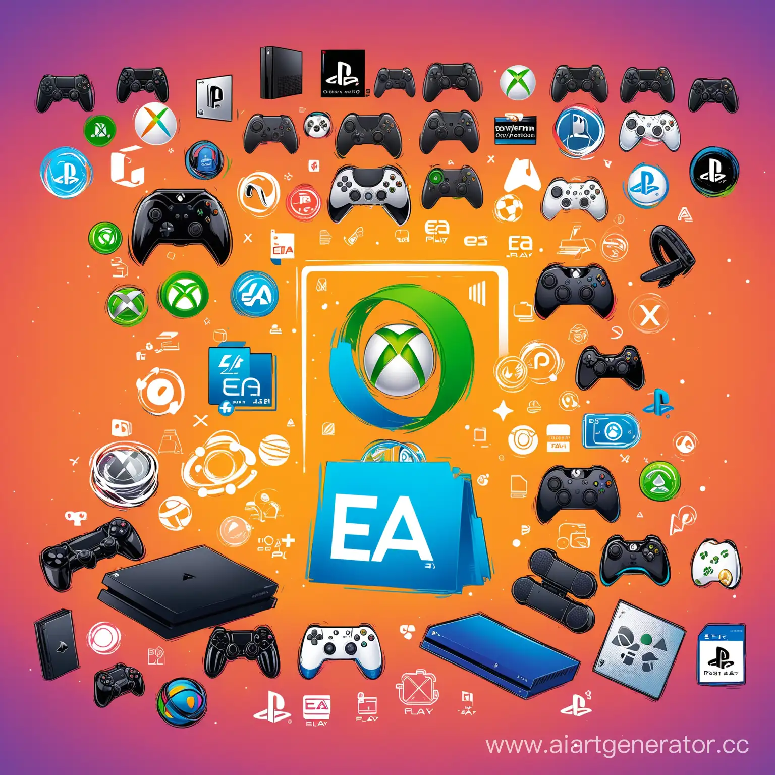 "Разработайте креативную и привлекательную концепцию изображения для рекламного плаката Telegram, рекламирующего продажу игр для платформ PlayStation (PS), Xbox и EA, а также услуги подписки PS, Xbox и EA play. Пожалуйста, опишите изображение в деталях, учитывая такие элементы, как общий макет, цветовая схема и любые графические элементы или иконки, которые должны быть включены".