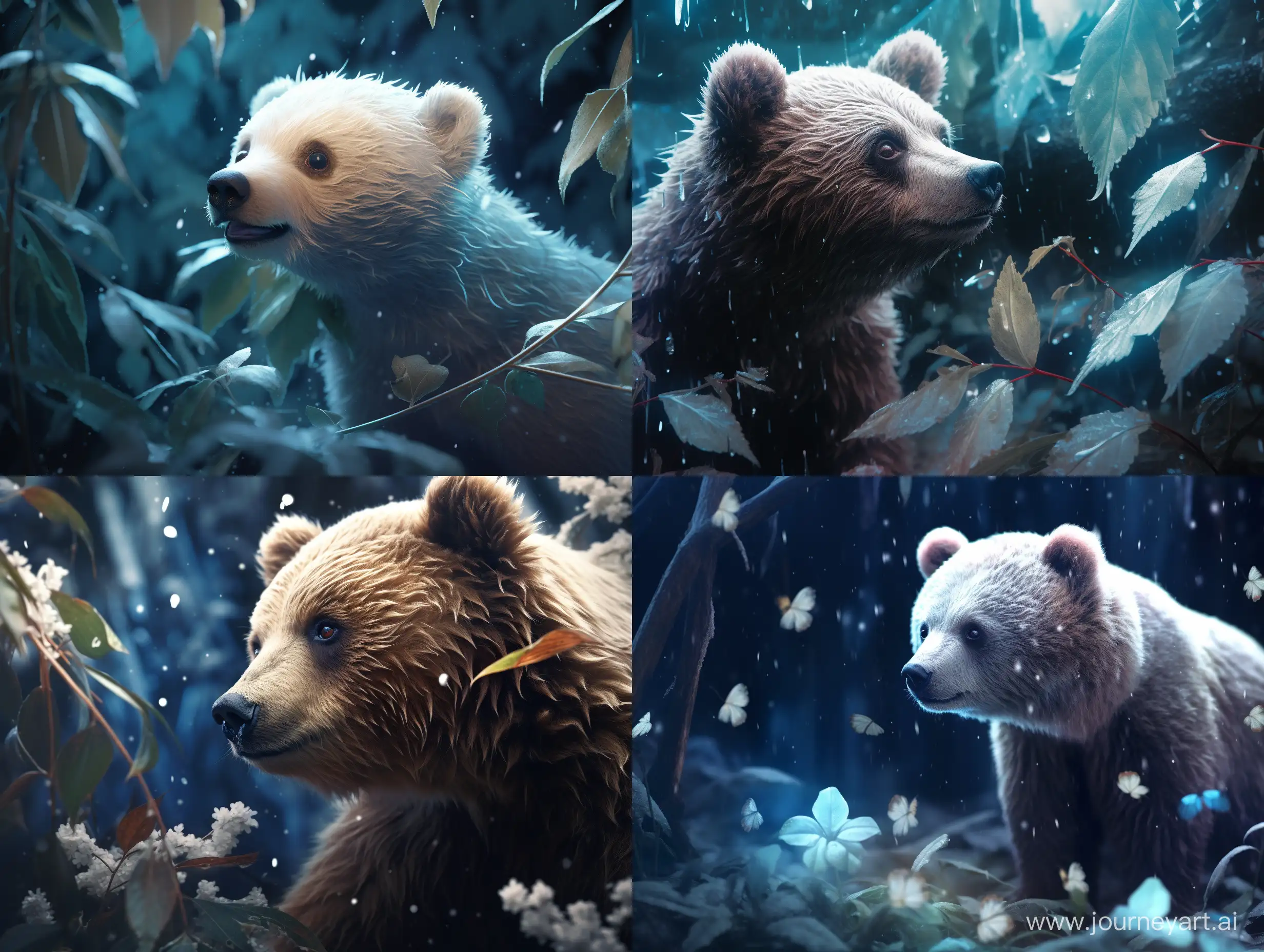 Enchanting-Forest-Macro-Snowfall-and-Baby-Bear-in-Dark-Fantasy-Art