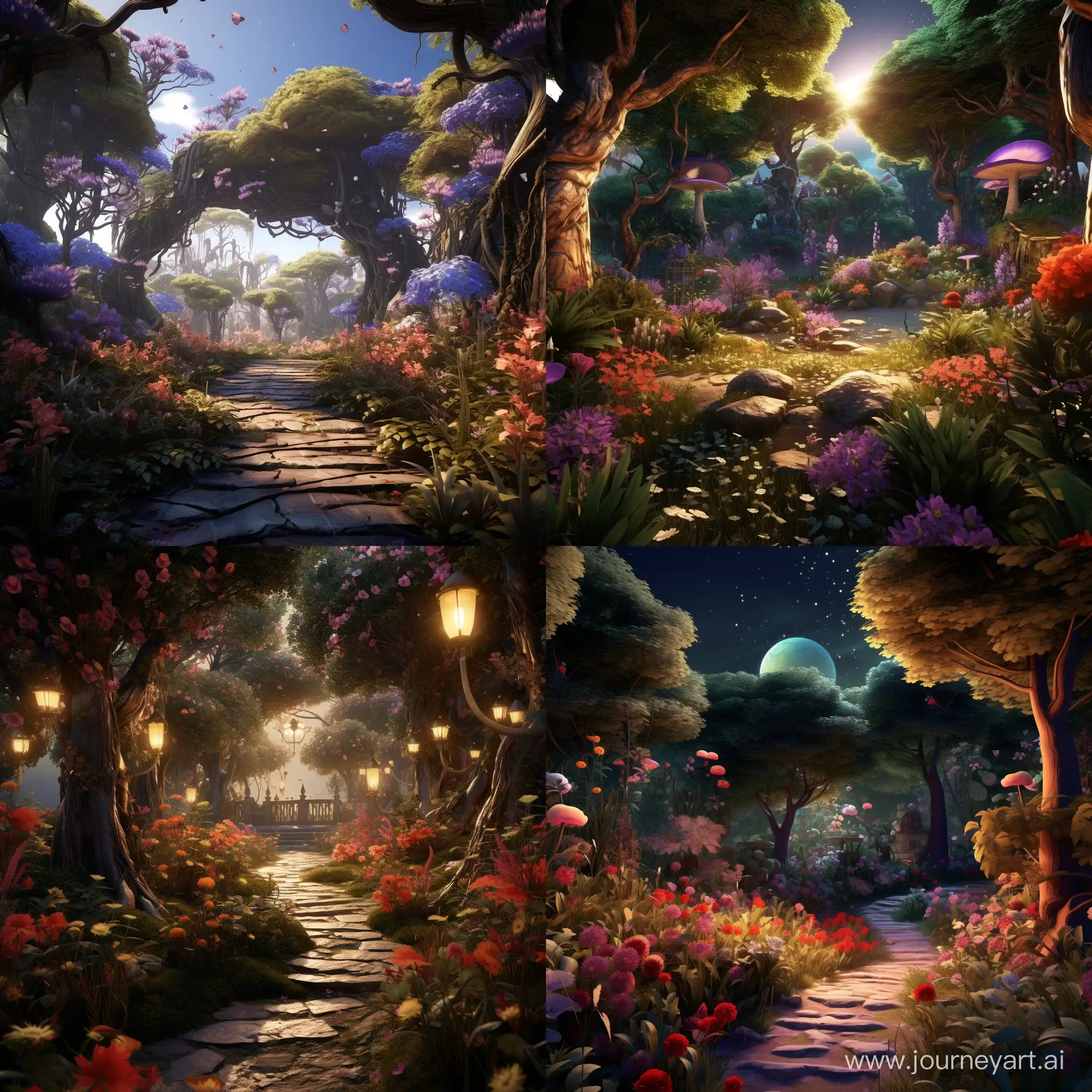 A mysterious magical garden with trees and shrubs. 3D animation 