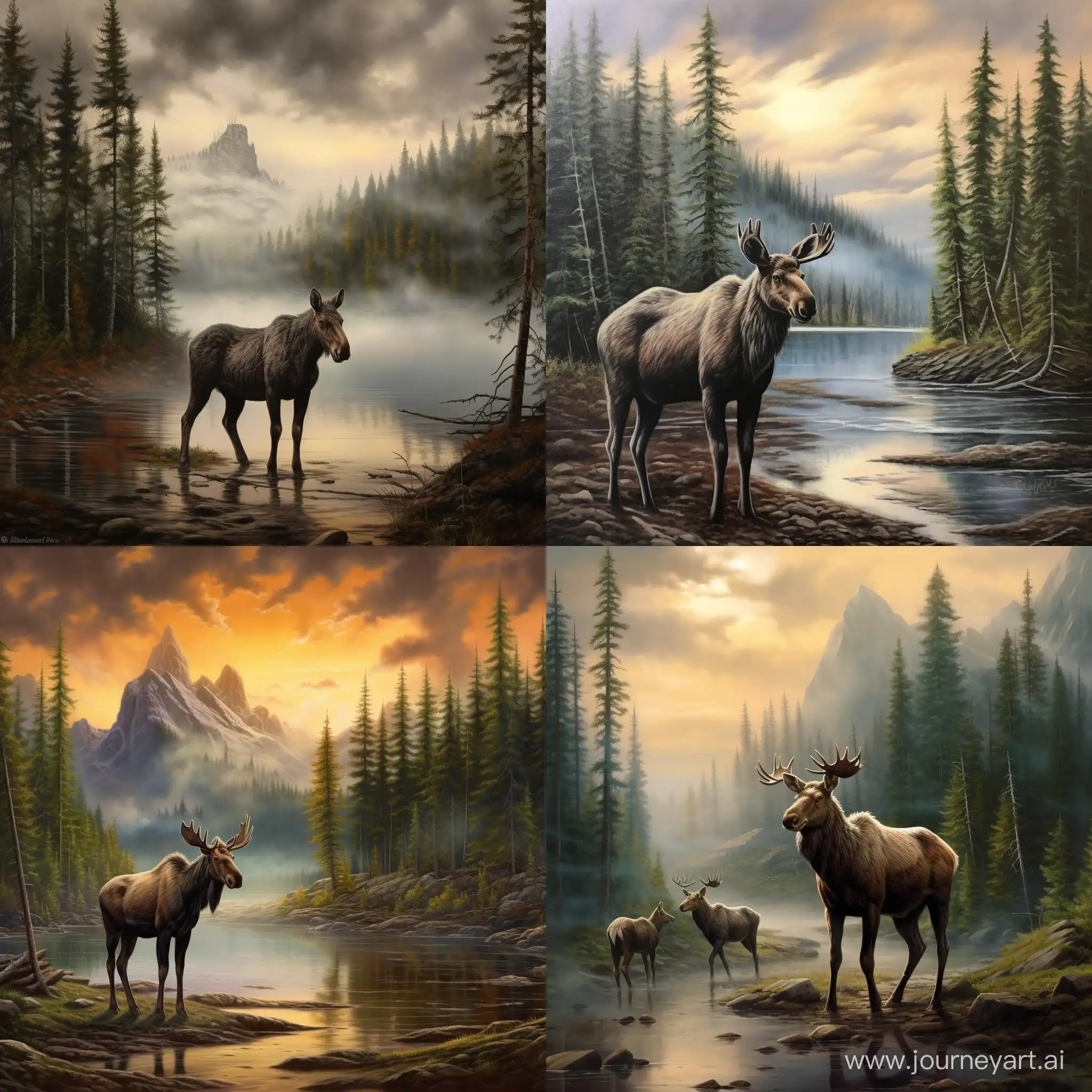 Majestic-Moose-by-the-Mountain-River-under-Fine-Rain-Clouds