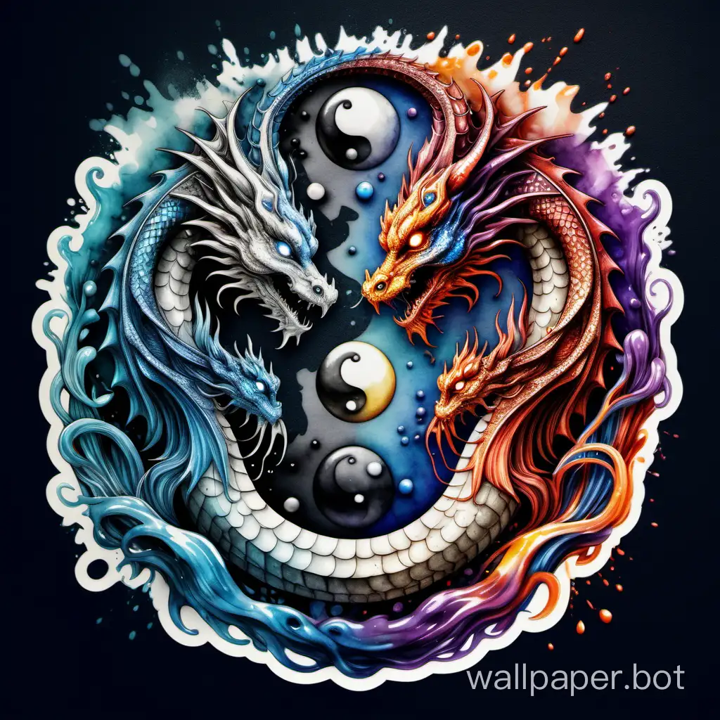 magical Bohemian yin yang  head of dragon,  high contrast dripped fluid watercolor, explosive dripped texture, ornate detailed illustration, octane render, sticker style, sticker art