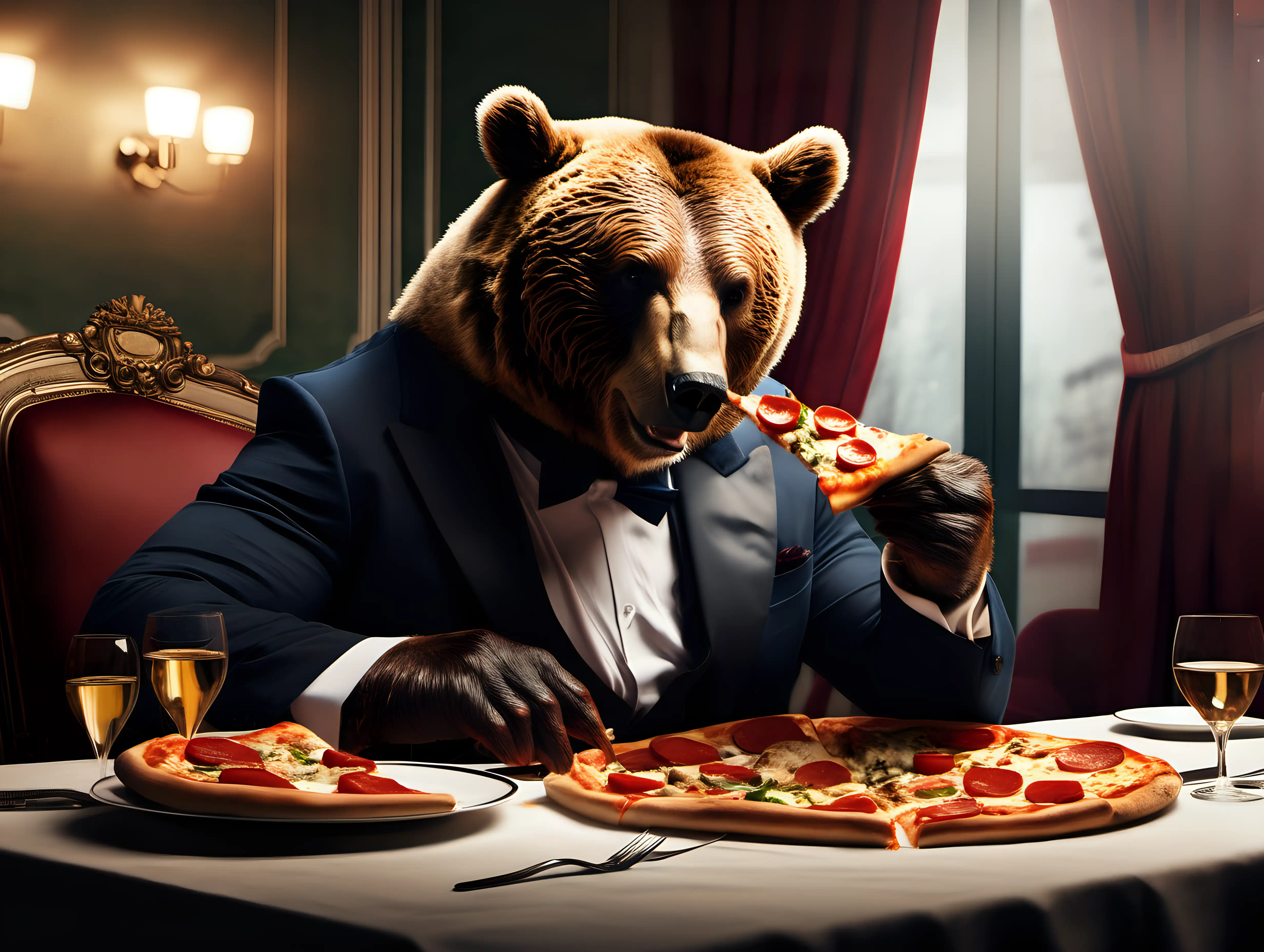  bear eating a pizza in a high class restaurant