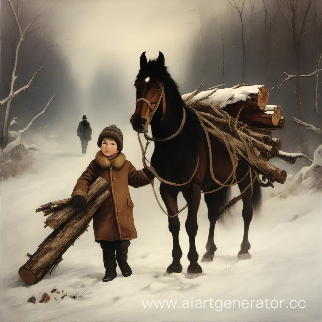в студёную зиму маленький мальчик в большом полушубке вёл под узды лошадь и вёз дрова