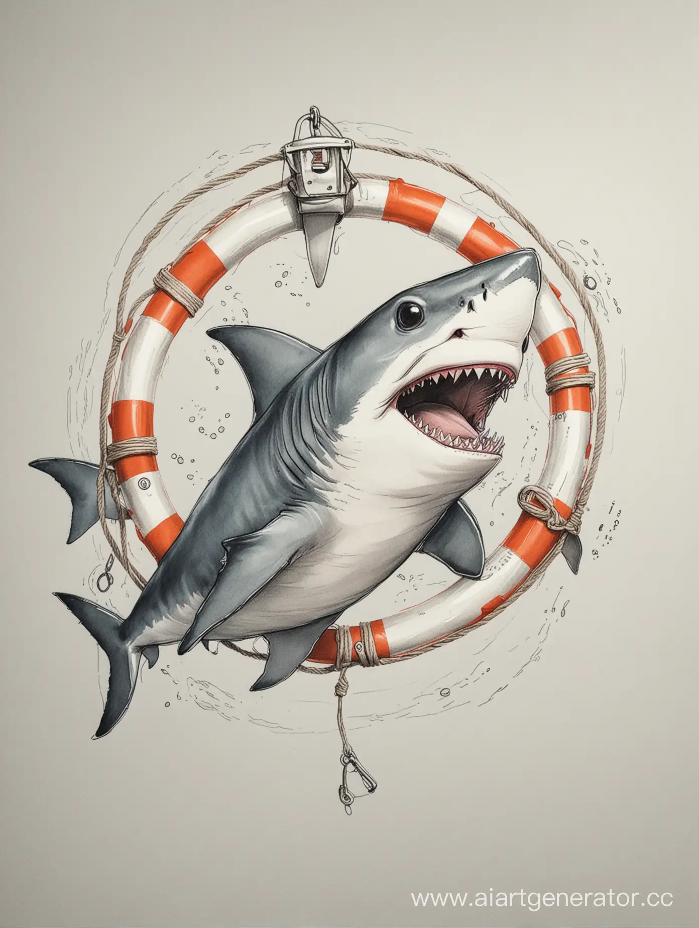 нарисуй милую акулу в стиле рисунке от руки которая вынурнула  на воздух в спасательном круге 