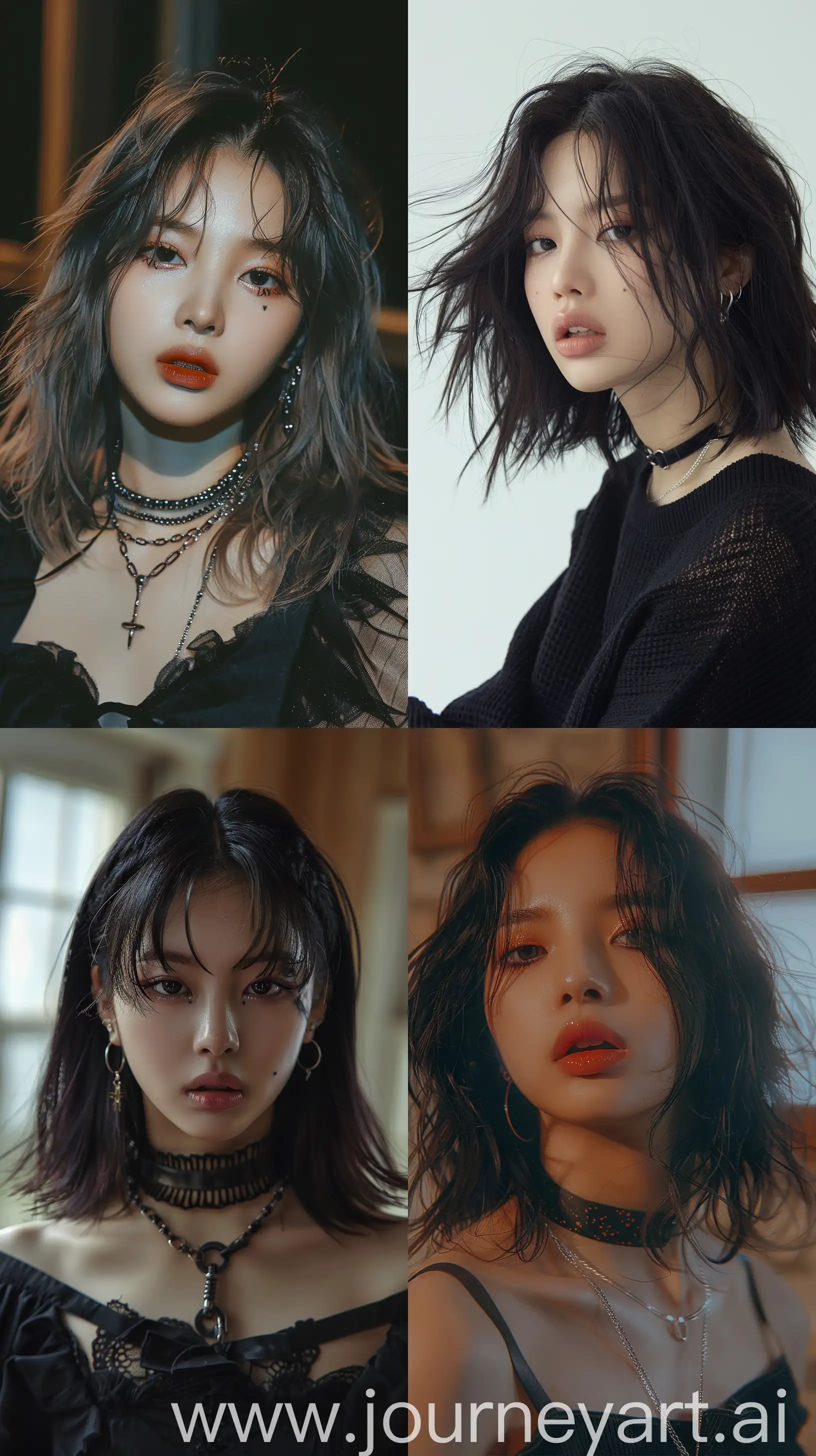 a blackpink's jennie, medium wolfcut hair, wide set eyes, grunge aestethic make up, --ar 9:16 --stylize 250