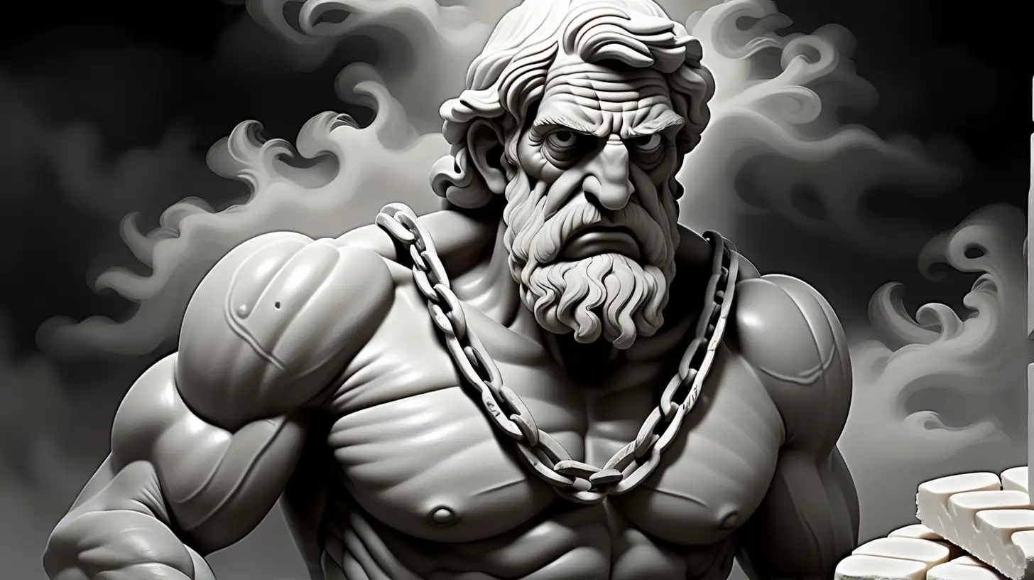 "Create an evocative black-and-white illustration capturing the essence of Greek mythology. Picture an elderly Greek muscles man, weathered by time, with a solemn expression. His face adorned with a layer of bread, symbolizing sacrifice or ritual, while chains bind him, alluding to a mysterious past. Set this poignant scene against a backdrop of swirling fog, creating an atmosphere of ancient mystique. The interplay of shadows and light should evoke a sense of both hardship and resilience, inviting viewers to unravel the enigma behind this captivating visual narrative." Man also bound with chains