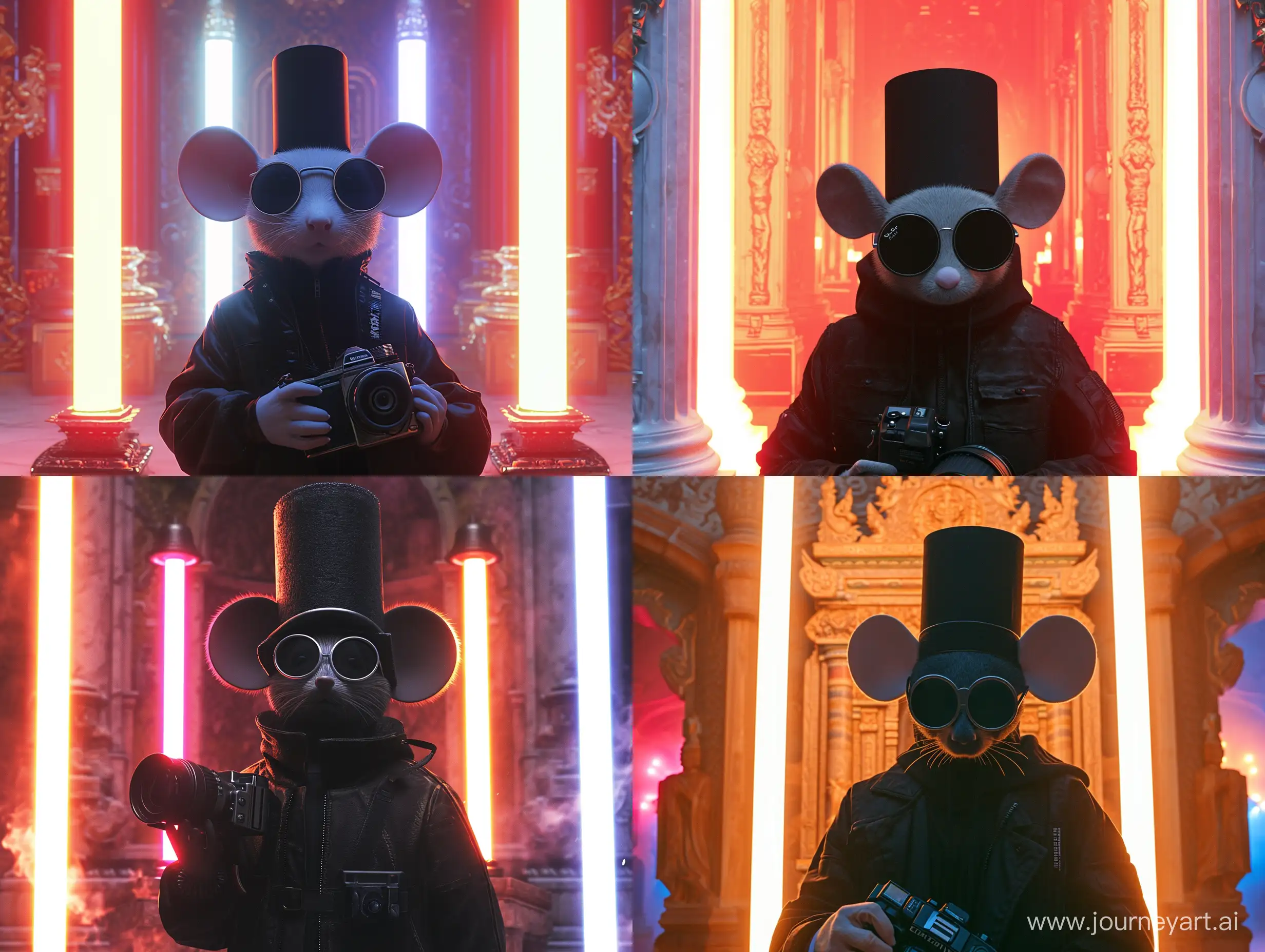 avatar picture of  Mouse with round black sunglasses, black cylinder hat and black jacket holding digital camera. There are two colors light sources comming from sides  and one white from behind.

Style: majestic 
Scene: Temple of  enlightenment with two different colour source light from opposite sides.





