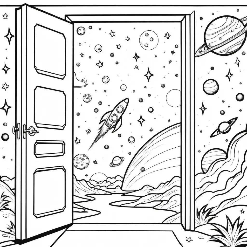 a simple black and white coloring book outline of outer space and in the distance is an open door