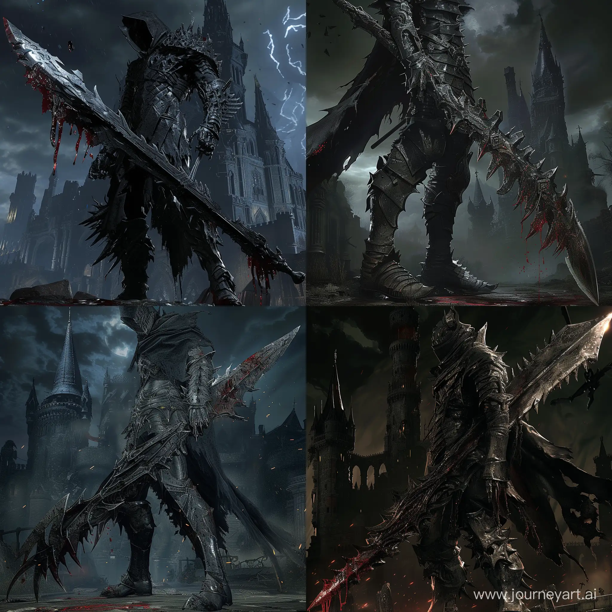 a man wearing, Jet-black, obsidian-plated armor with angular, intimidating design, Obsidian gauntlets with razor-sharp claws, Sturdy, soundproof boots for silent advances, Wield the "Shadowforge Cleaver," a massive obsidian greatsword, dark castle in the background ,  bloodborne aesthetic, 1970's dark fantasy, detailed, cosmic horror, gritty, dark lighting, edgy, blood on weapon, 64 bit