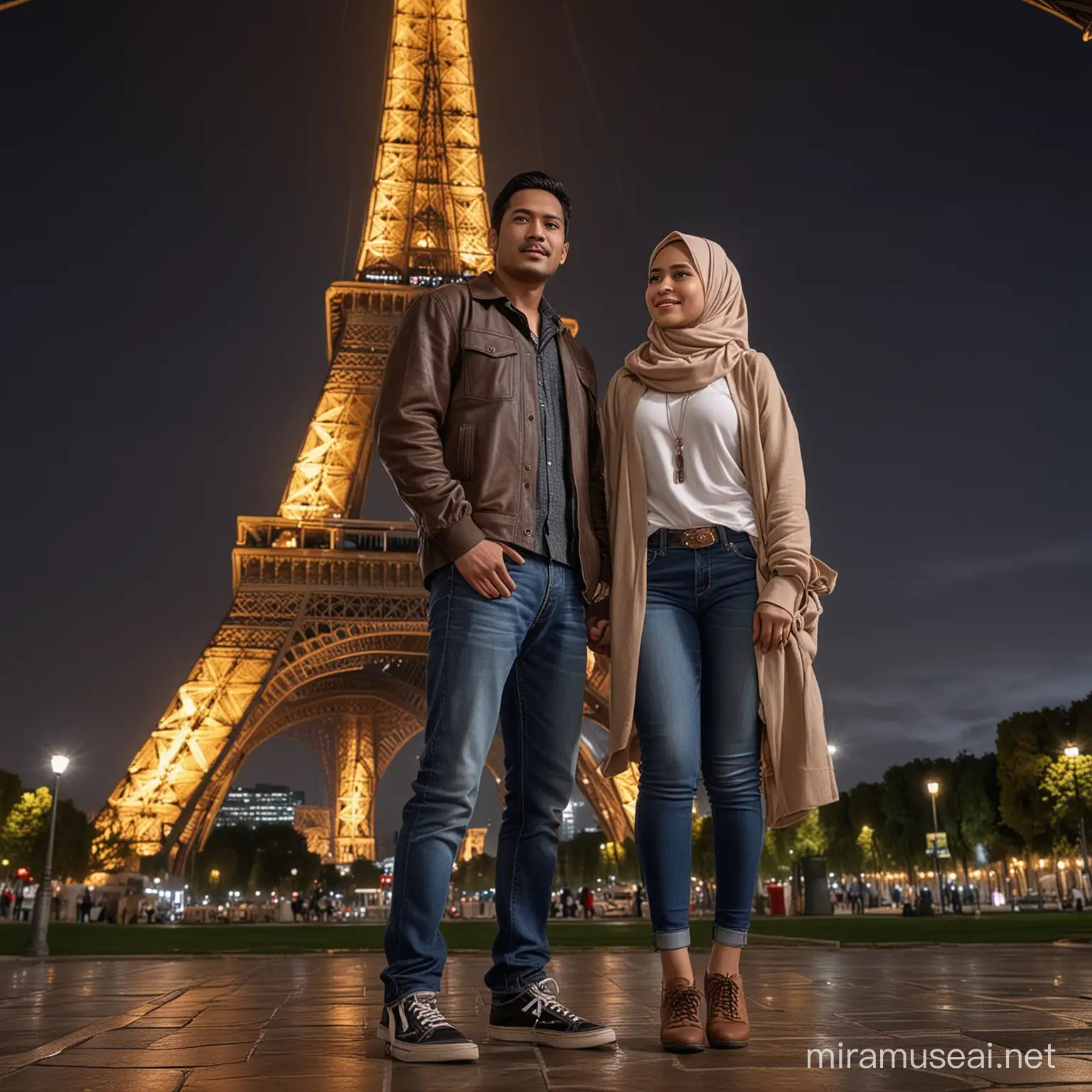 Indonesian Couple in Hijab and Sweater Pose under Eiffel Tower at Night