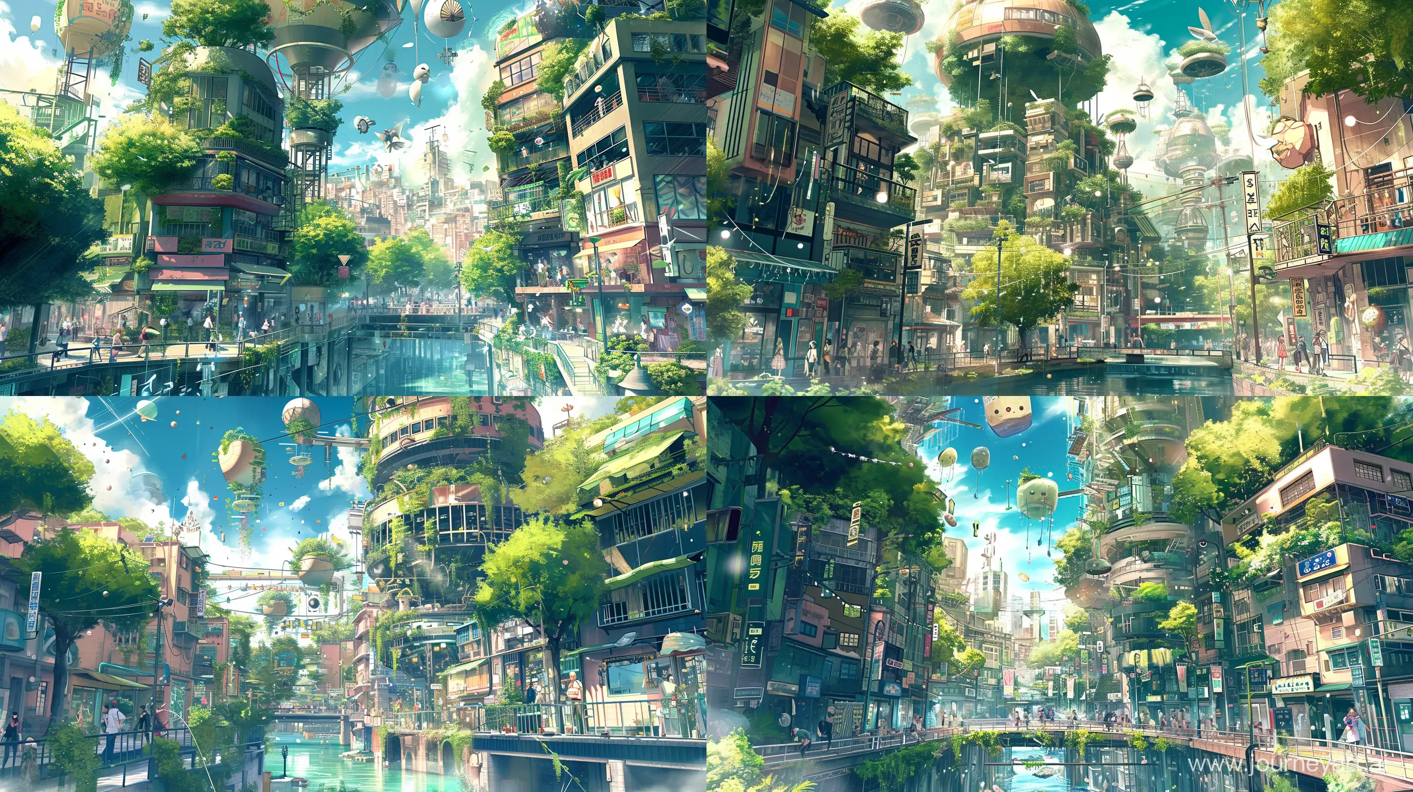 Anime-Cityscape-with-Floating-Objects-and-Lush-Greenery