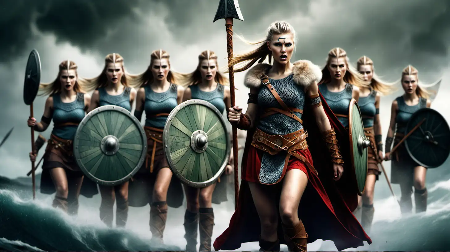 create an epic, vivid image of viking women warriors