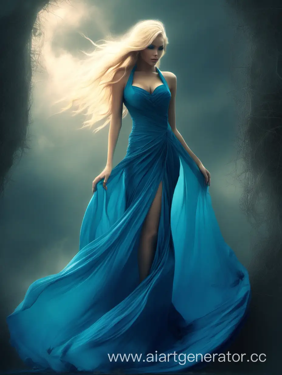 фэнтези длинное синее платье-форма, девушка блондинка, красивая в полный рост