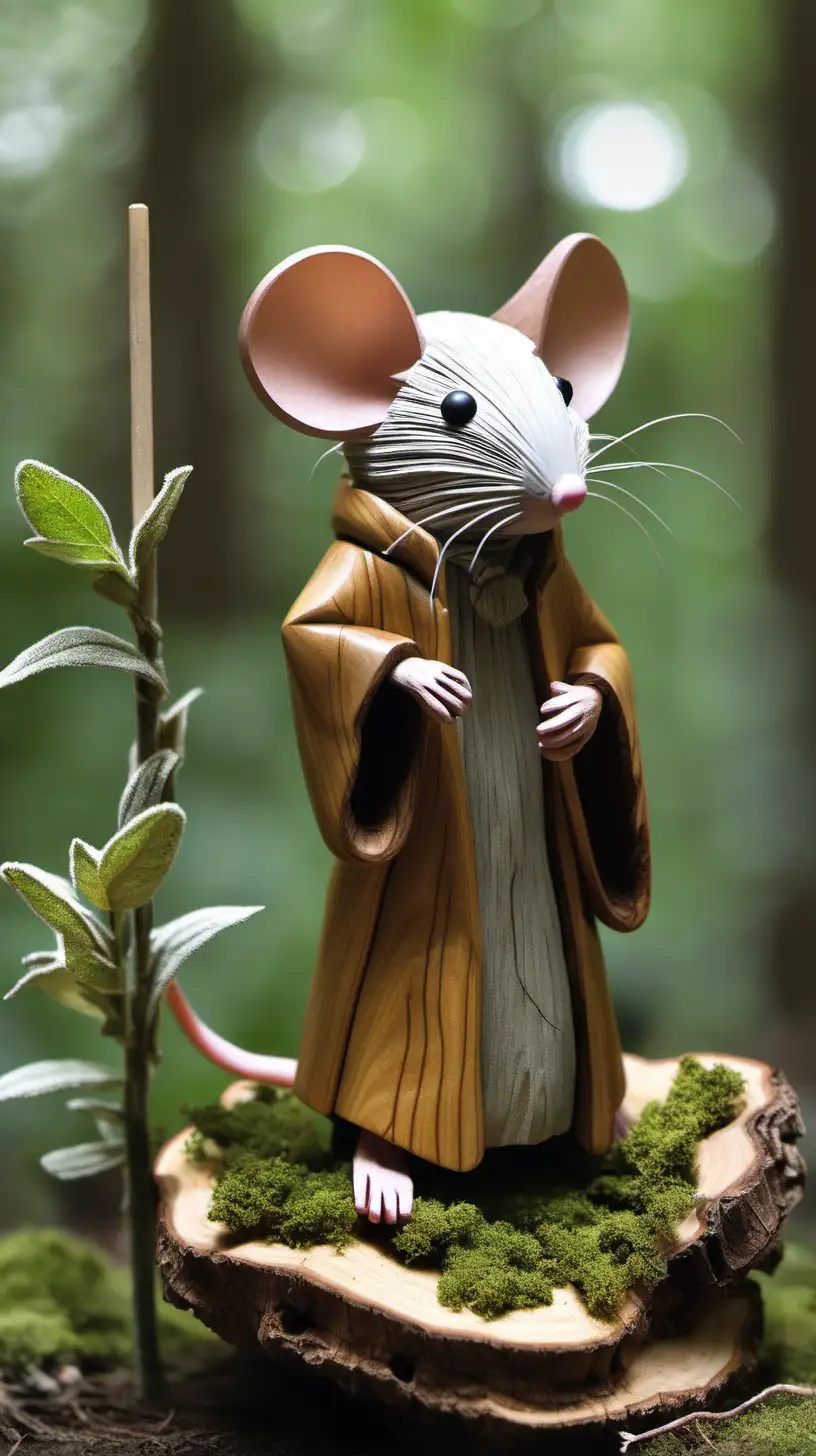 Mouse Sage in forest with a wooden body