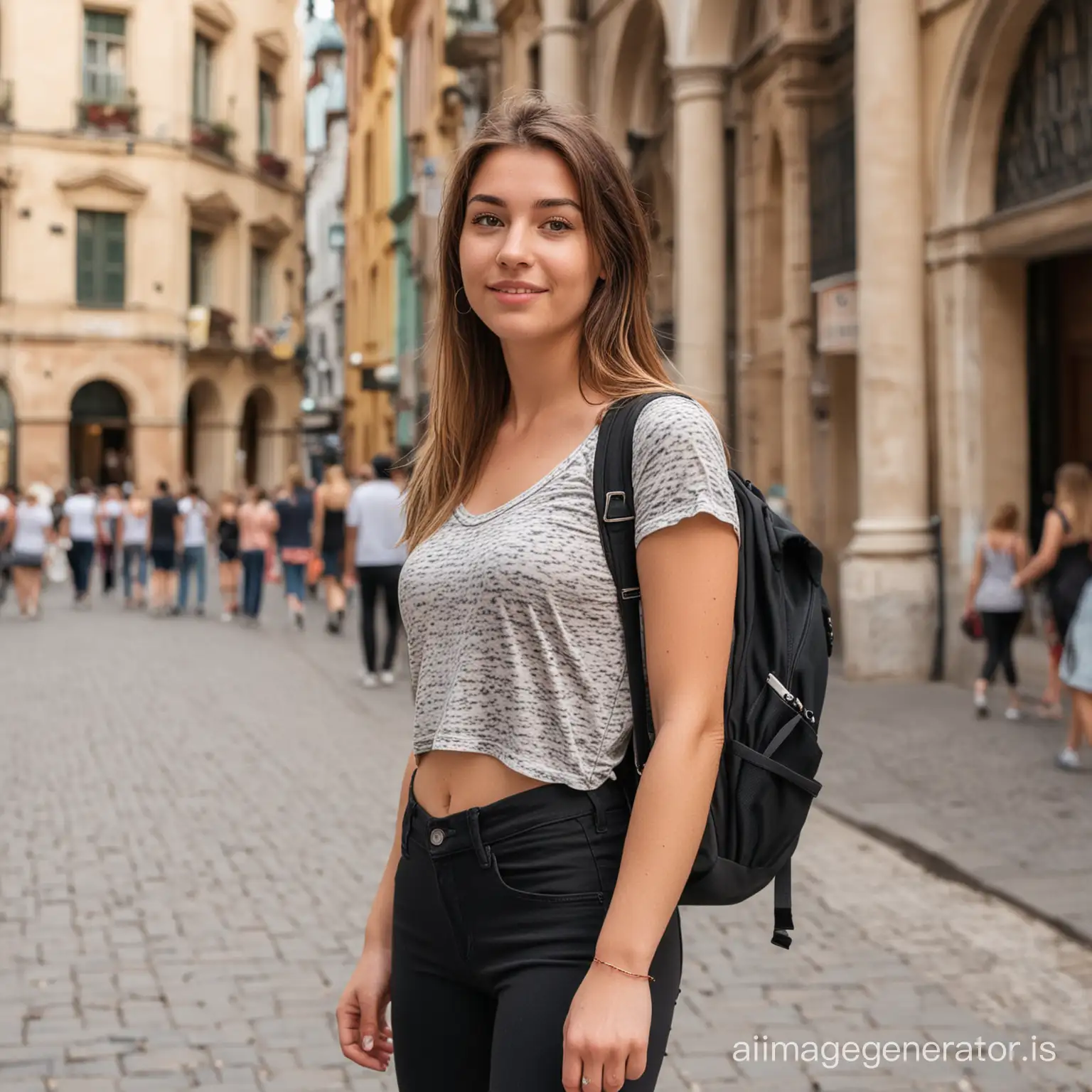 Twenty years old Auburn woman is a tourist in Budapest at a busy place. She wears cropped leggings and sport top, has her cellphone at hand, backpack is on her back.