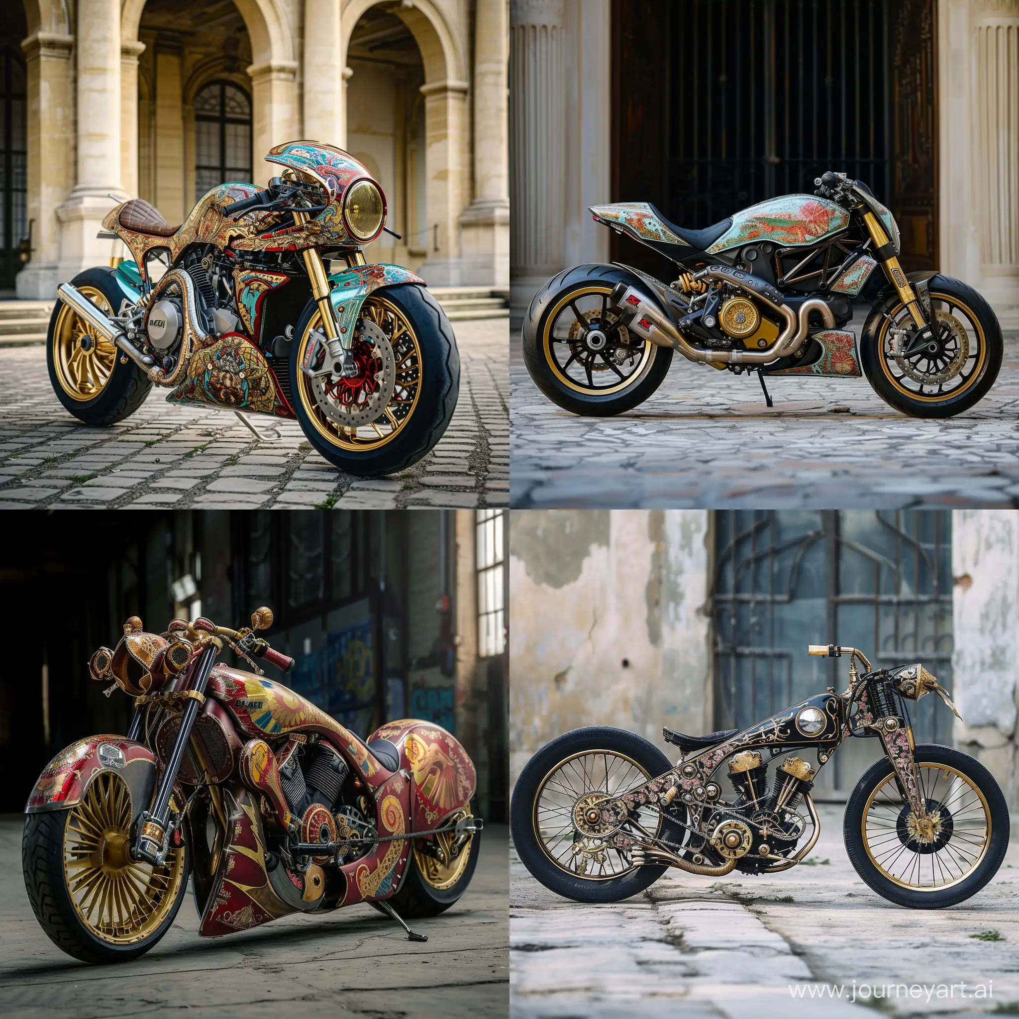 Make a special custom ducati motorcycle inspired by Mad Max and vintage circus elements in art nouveau style

