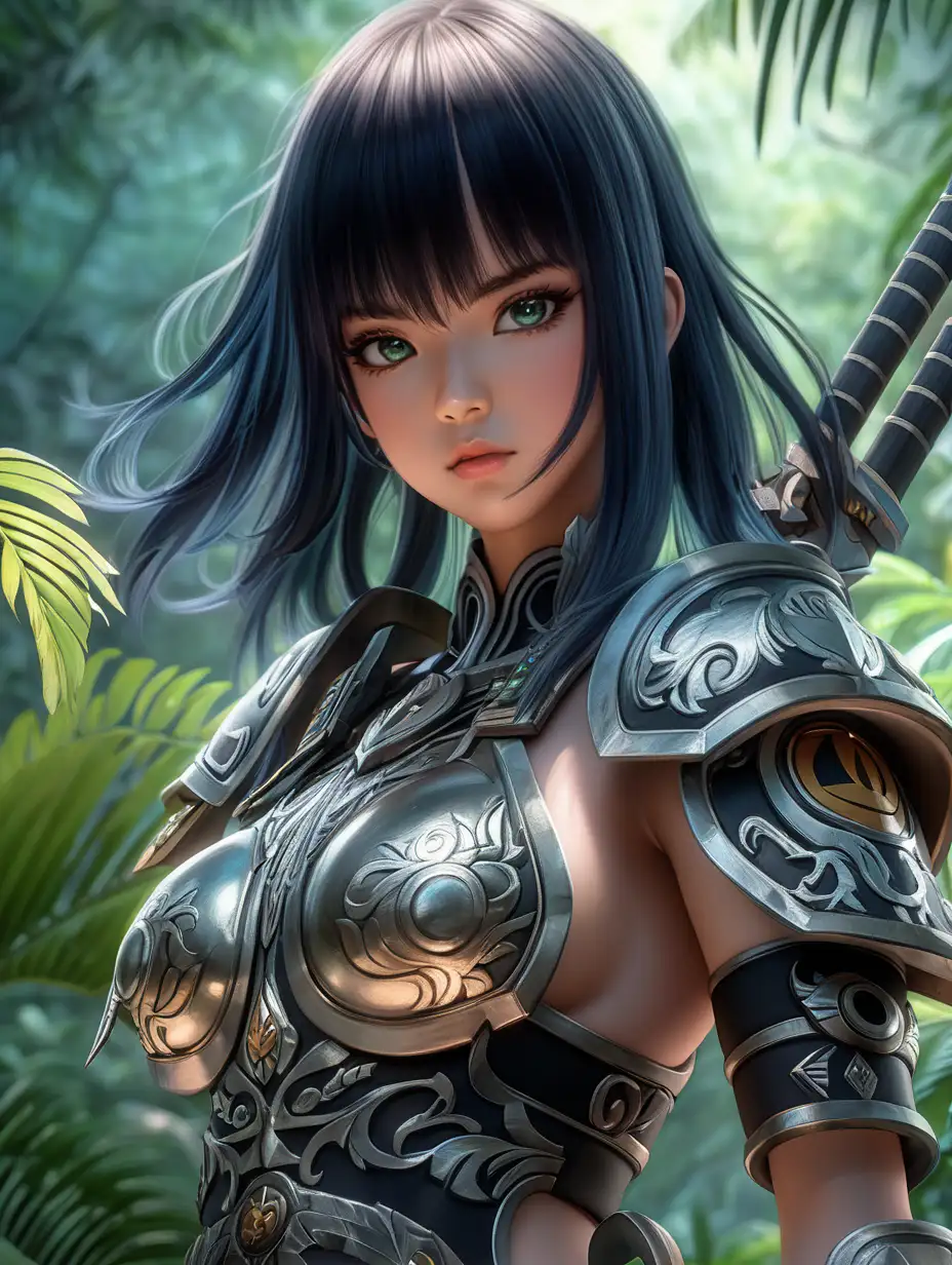 (cinematic lighting), An anime beautiful girl warrior immersed in the lush and mysterious landscapes of a Vietnam jungle. Envision her clad in practical yet elegant black warrior attire, Her eyes reflect a mix of determination and vigilance, showcasing her readiness for any challenge that may arise in the dense foliage.

Surrounded by vibrant flora and towering trees creating a visually captivating scene that melds nature's beauty with the fierce spirit of the anime girl warrior, angle from below, intricate details, detailed face, detailed eyes, hyper realistic photography,--v 5, unreal engine,