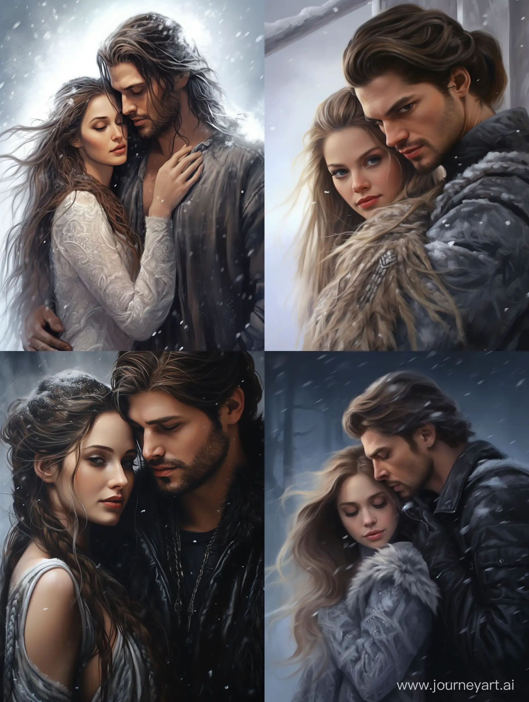 Winter, falling snow, beautiful, man and woman, in love, smiling, happy, spectacular, fashion, hyper-detailed face and body, expressive eyes, long lush eyelashes, woman has her hair gathered in a ponytail, beautiful, soft light, glitter, professional digital painting, gothic art, lumens, octane, oil painting, airbrush